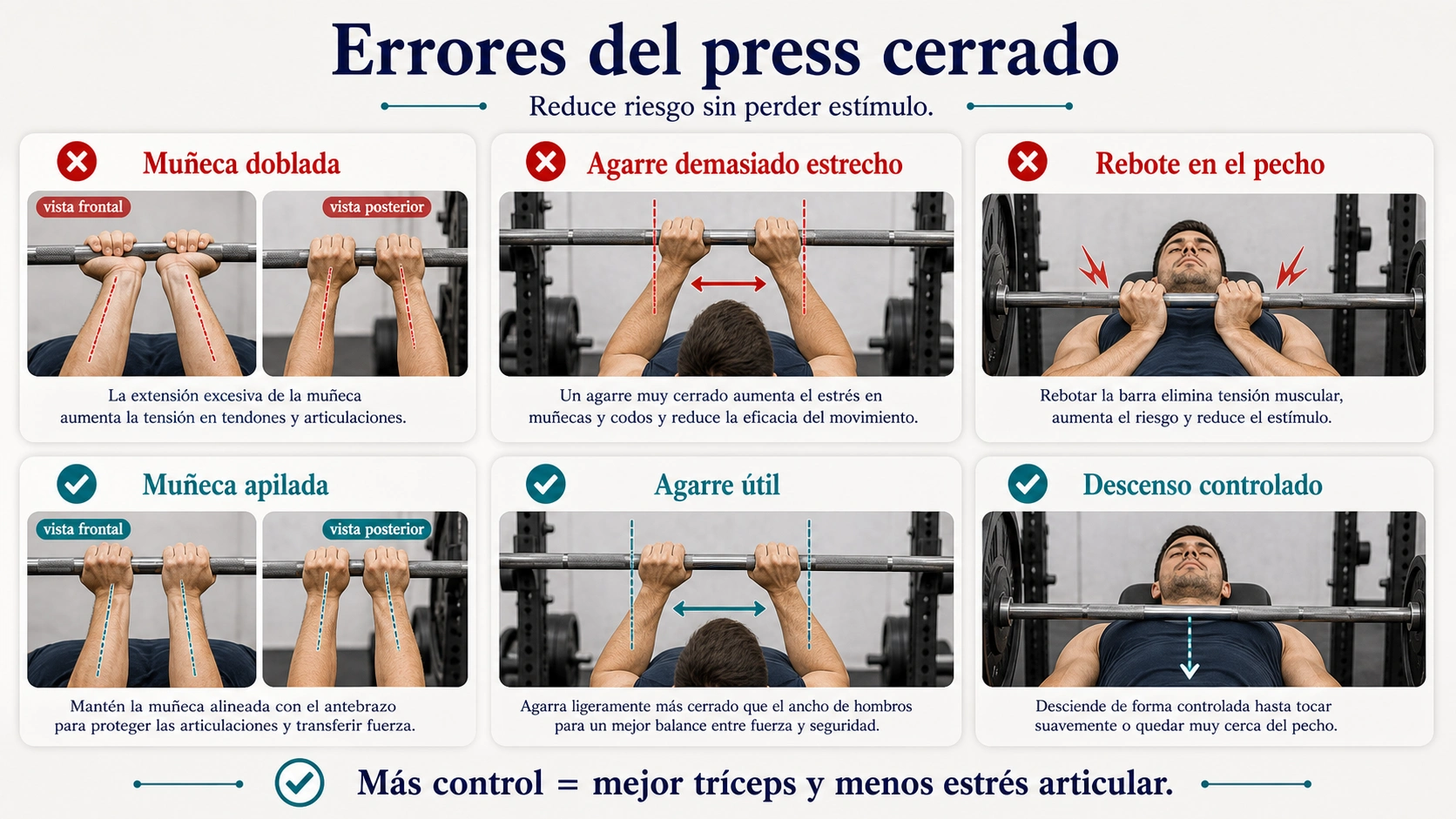 Errores frecuentes del press de banca con agarre cerrado muñeca doblada agarre demasiado estrecho y rebote en el pecho