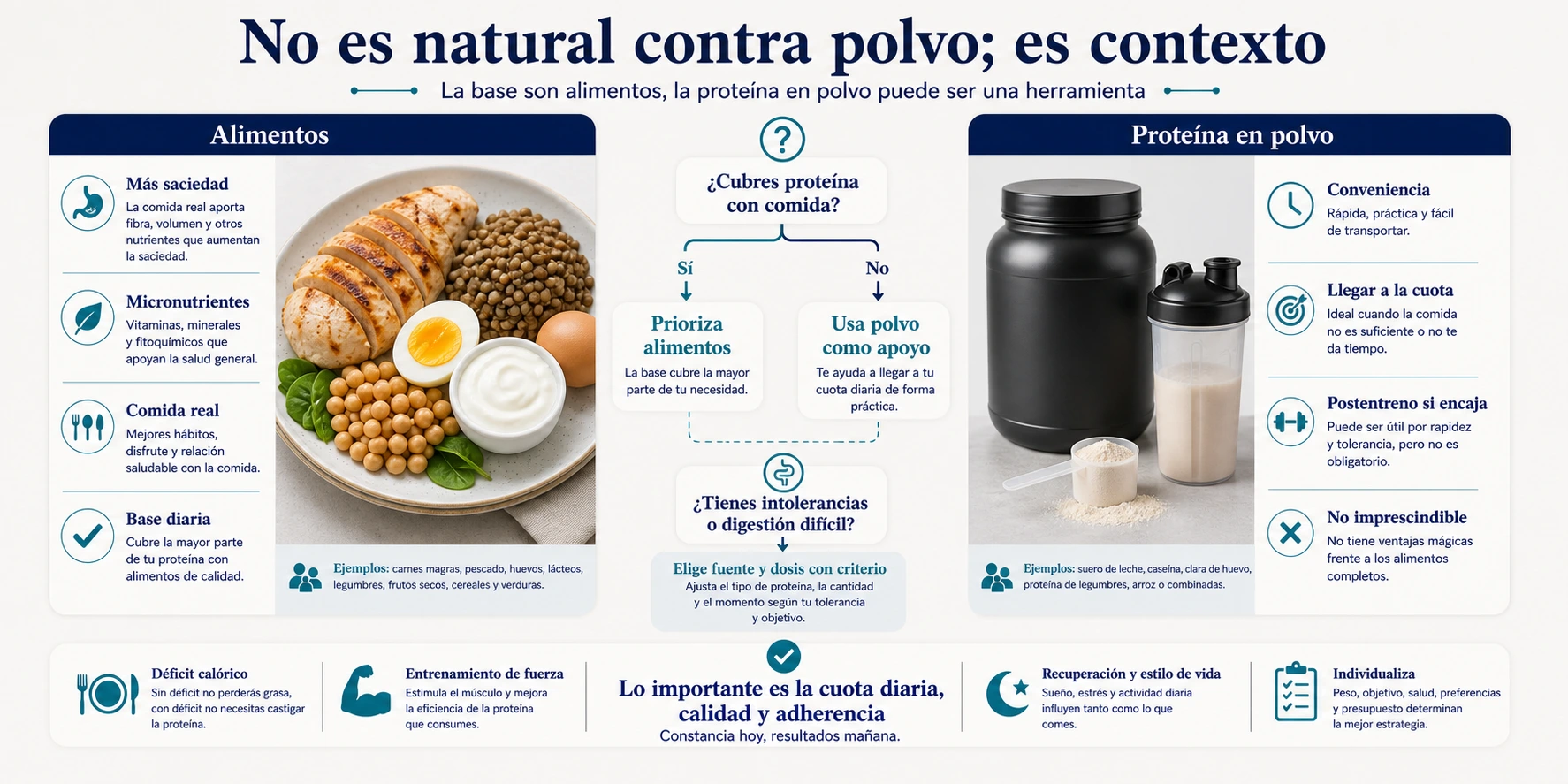 Decisión entre proteína natural de alimentos y proteína en polvo según cuota diaria conveniencia saciedad micronutrientes y contexto