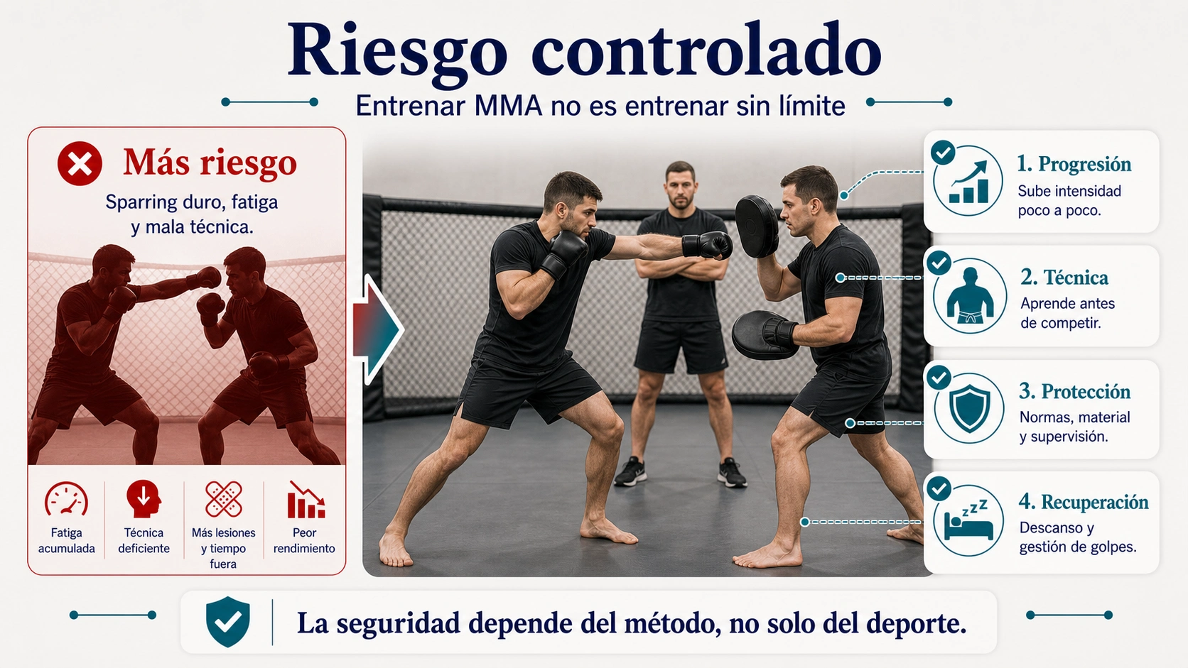 Infografía de riesgo controlado en MMA con progresión técnica protección recuperación y supervisión