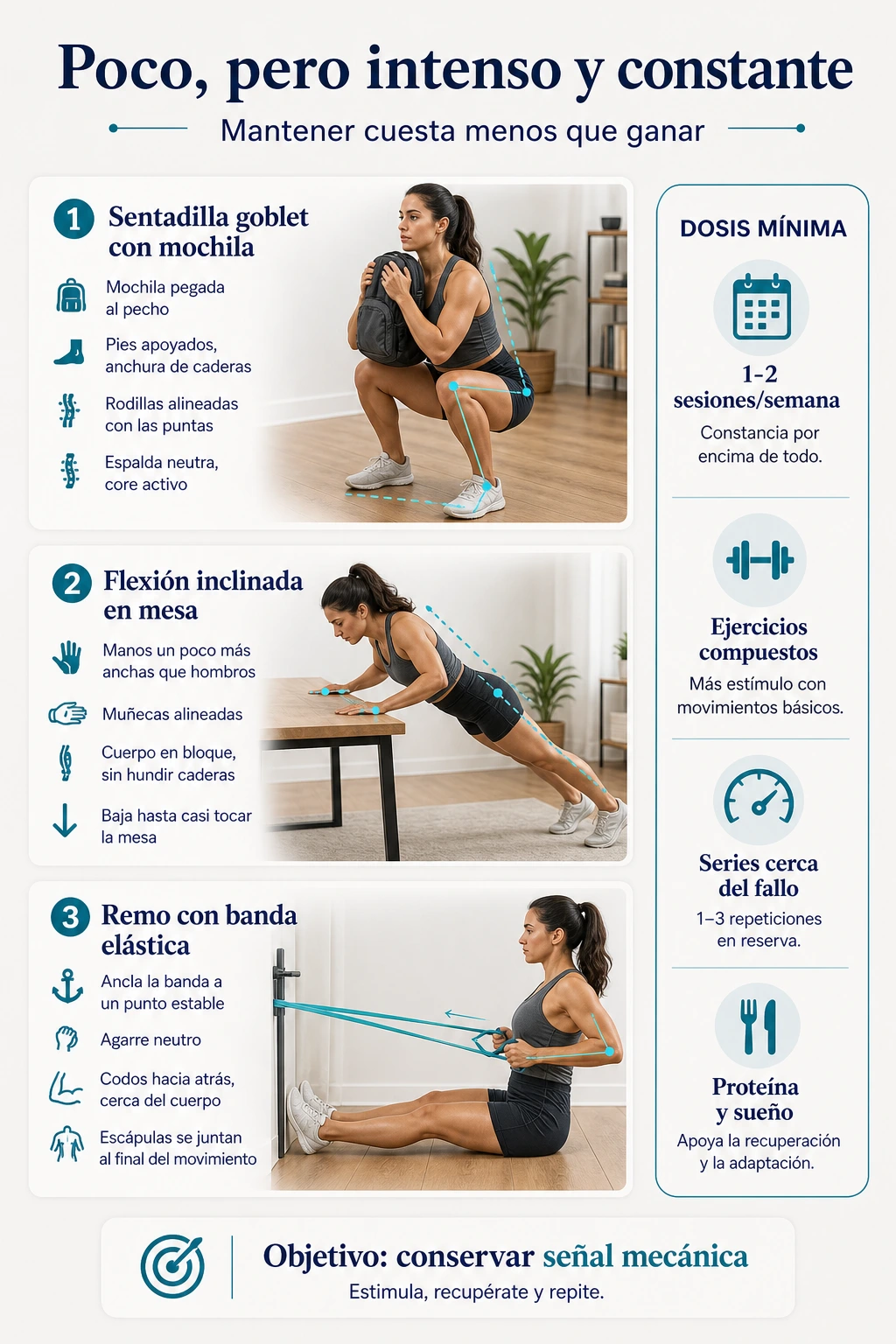 Rutina mínima en casa para mantener masa muscular con sentadilla con mochila flexión inclinada y remo con banda elástica