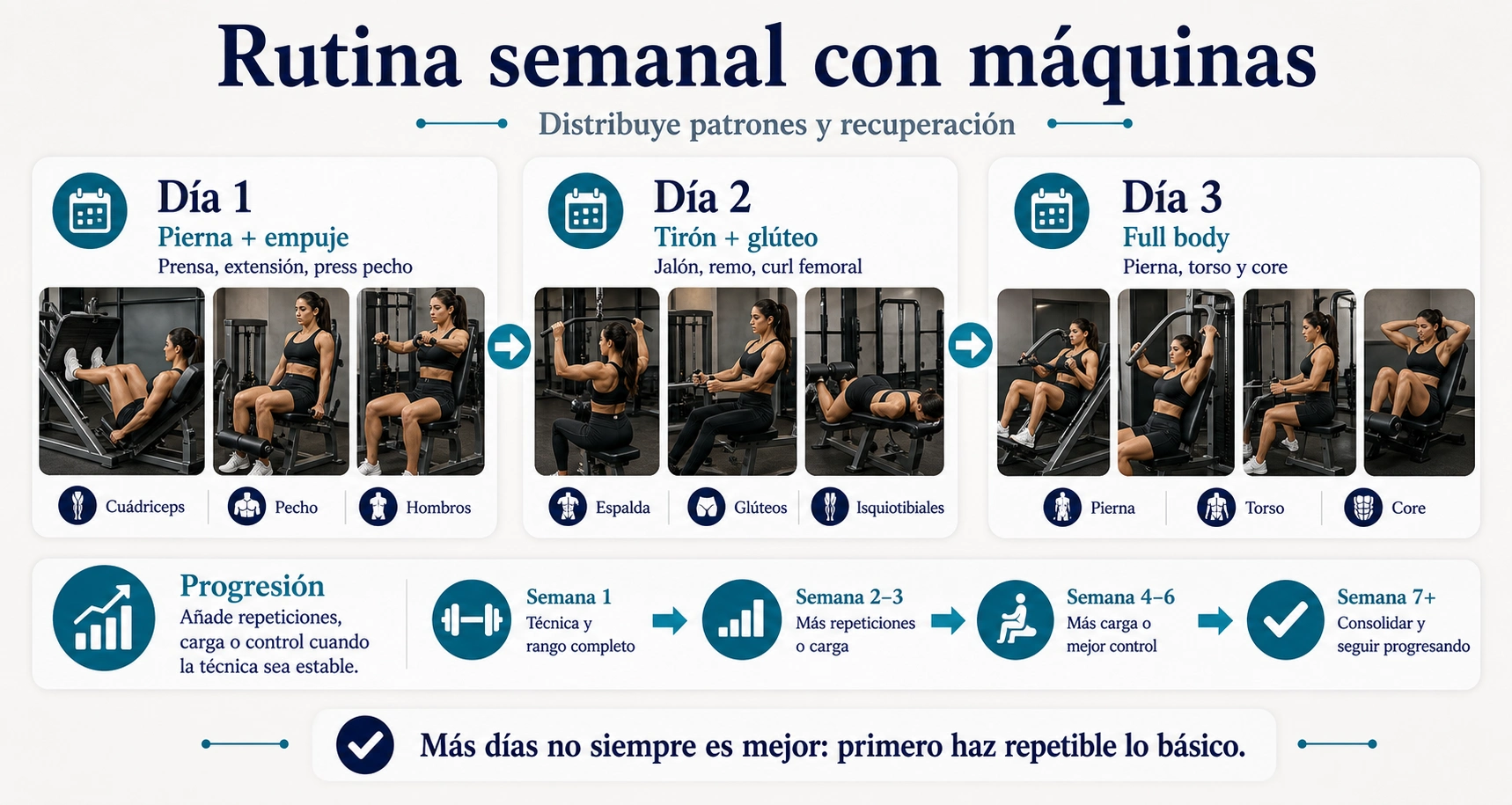 Línea temporal de rutina semanal con máquinas para mujeres con pierna empuje tirón full body y progresión