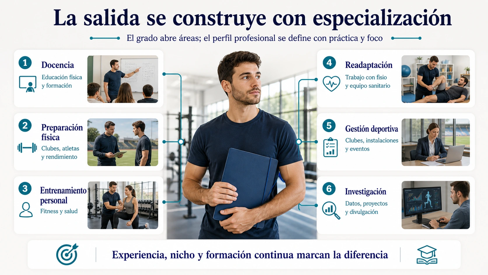 Salidas profesionales de CAFYD en docencia preparación física entrenamiento personal readaptación gestión deportiva e investigación