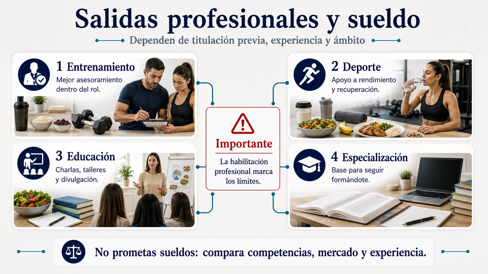 Infografía de salidas profesionales y sueldo tras curso de nutrición deportiva con entrenamiento deporte educación especialización y habilitación