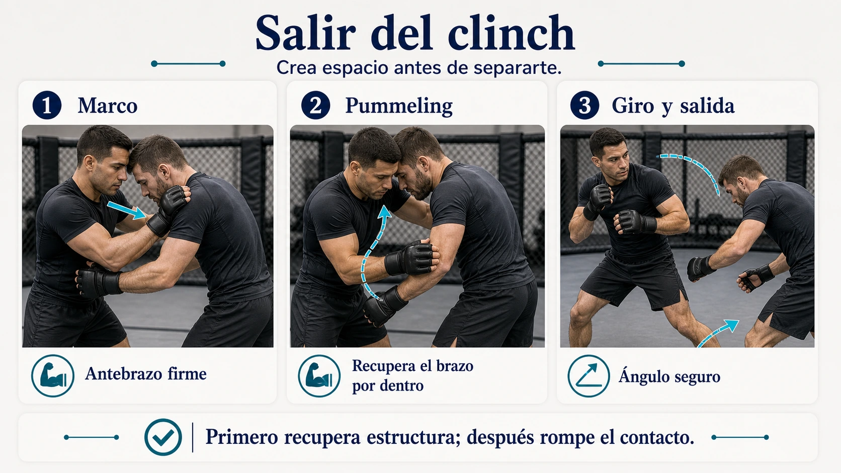 Salida del clinch en MMA creando marco recuperando el brazo por dentro y saliendo con ángulo seguro