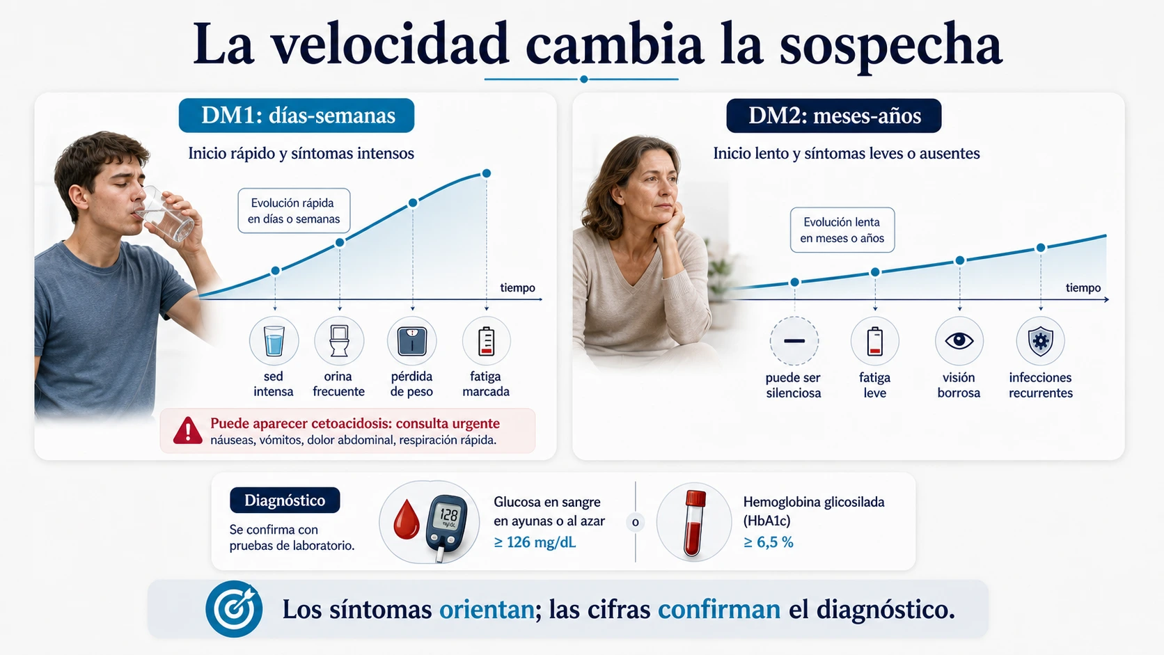 Comparativa de sintomas y velocidad de aparicion en diabetes tipo 1 y diabetes tipo 2
