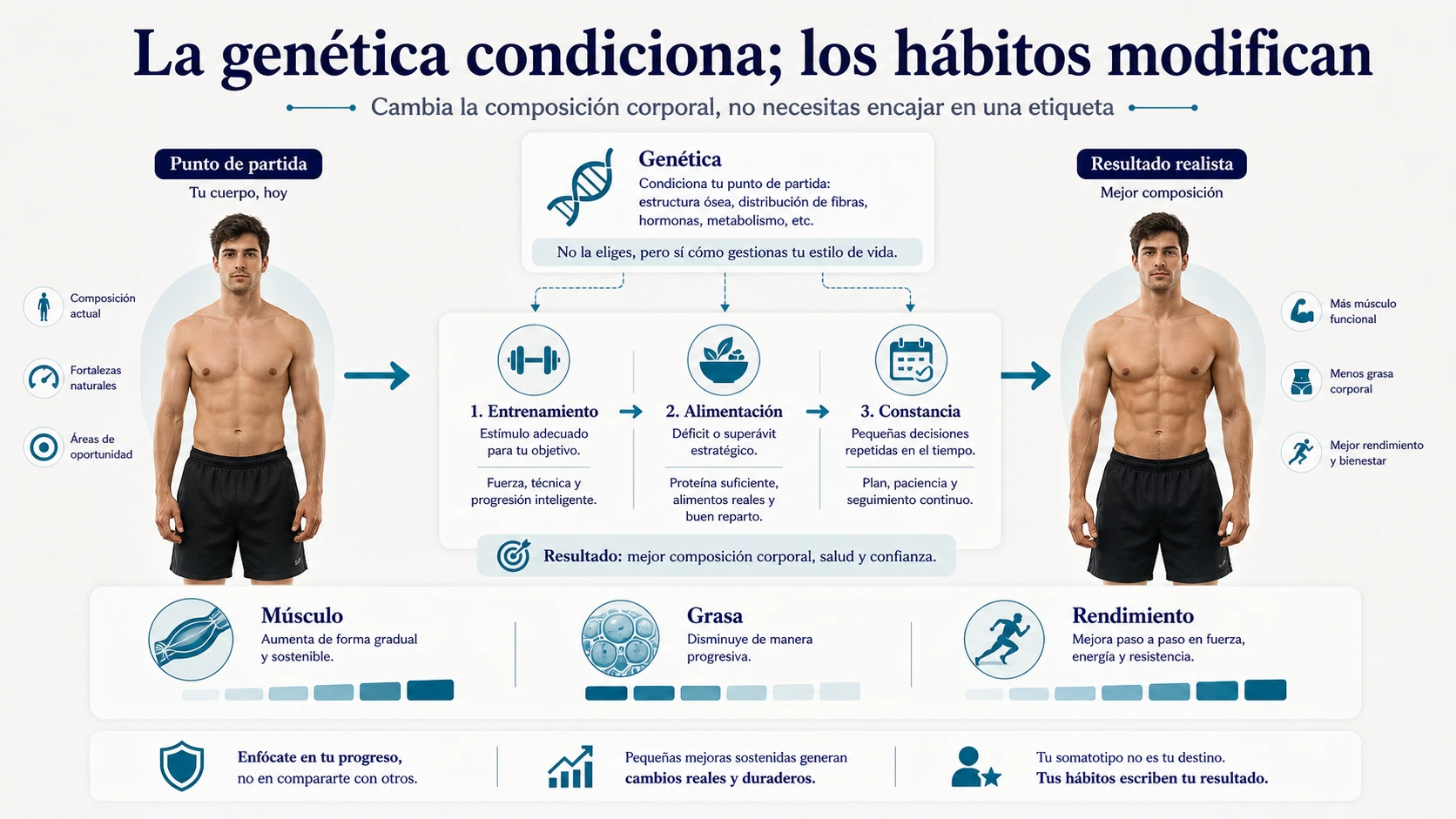 Evolución realista de composición corporal mostrando que la genética condiciona pero entrenamiento alimentación y constancia modifican el resultado