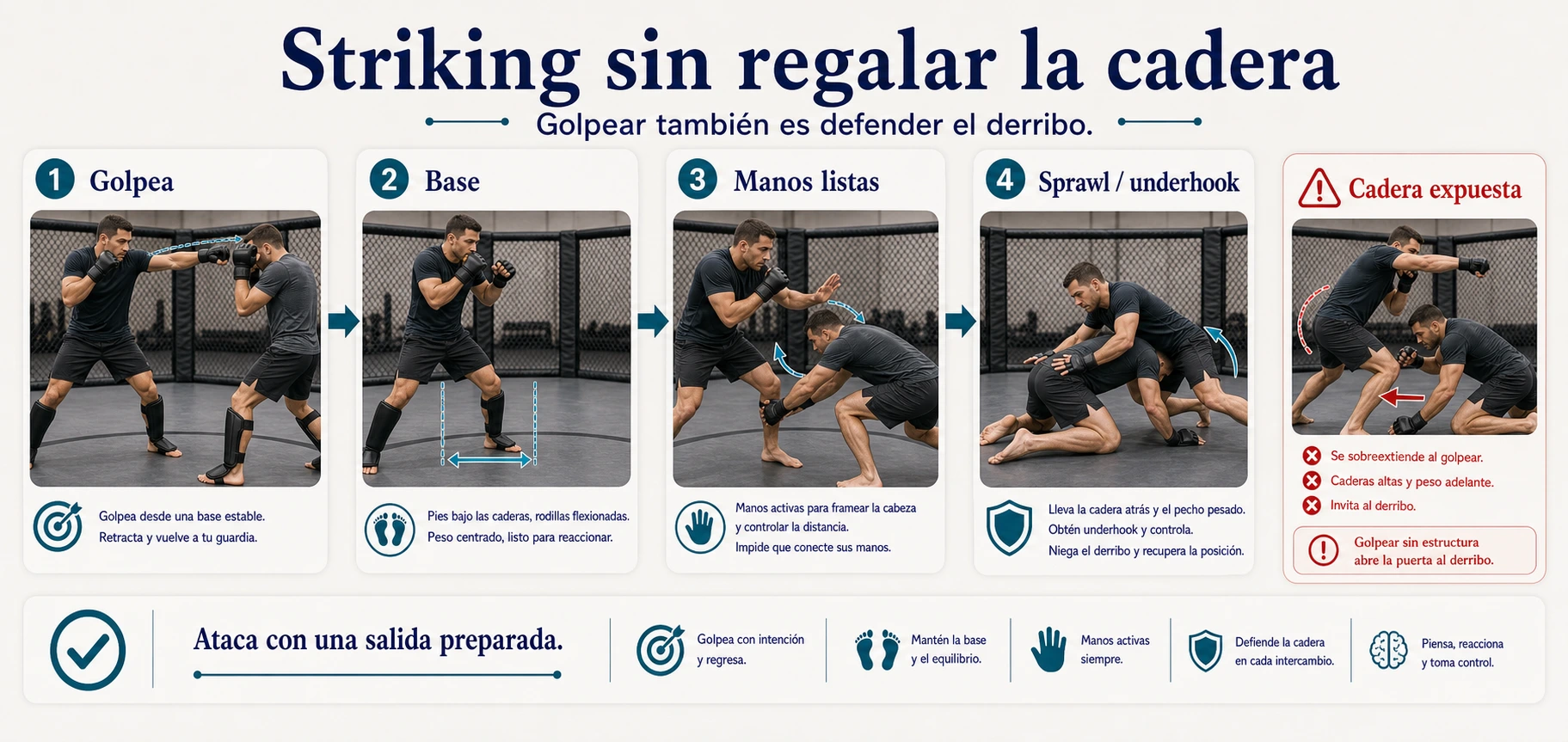 Striking en MMA sin regalar la cadera con base manos listas y defensa de derribo mediante sprawl o underhook