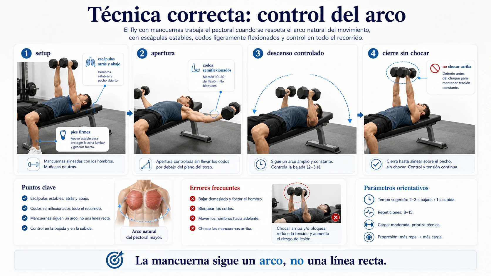 Tecnica correcta de aperturas con mancuernas con pies firmes escapulas atras codos semiflexionados descenso controlado y cierre sin chocar