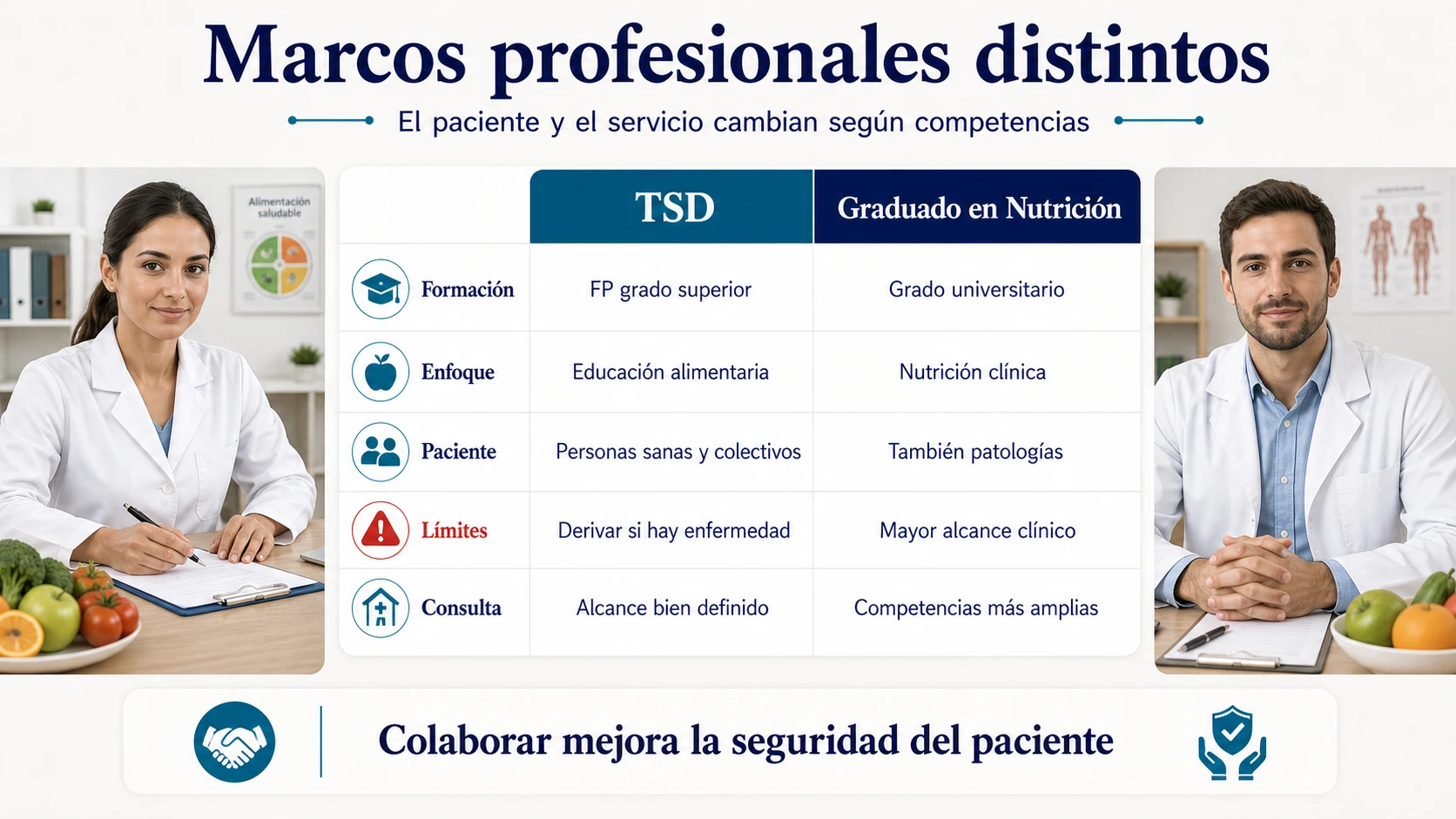 Comparativa entre Técnico Superior en Dietética y Graduado en Nutrición sobre formación enfoque pacientes límites y alcance de consulta