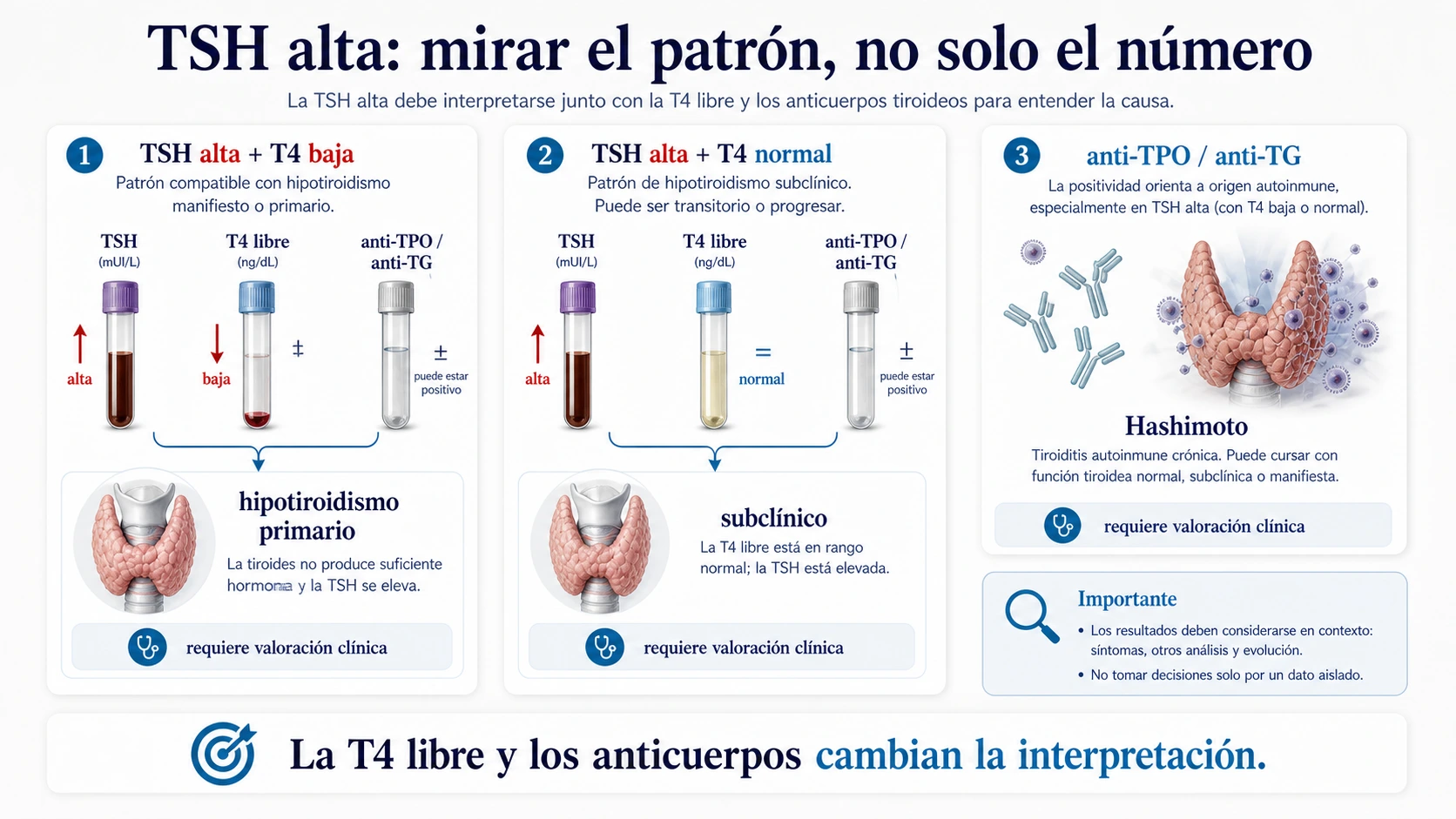 Patrones de TSH alta con T4 baja T4 normal y anticuerpos anti TPO anti TG para orientar hipotiroidismo y Hashimoto