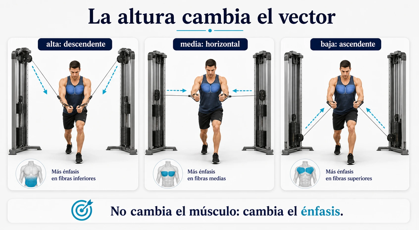 Variantes de cruces en polea alta media y baja con vectores descendente horizontal y ascendente