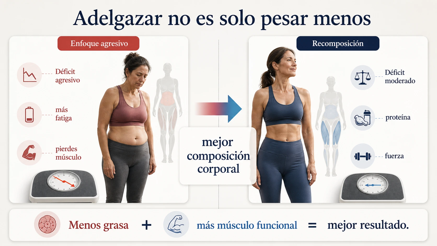 Comparativa entre deficit agresivo y recomposicion corporal para adelgazar en la menopausia sin perder musculo