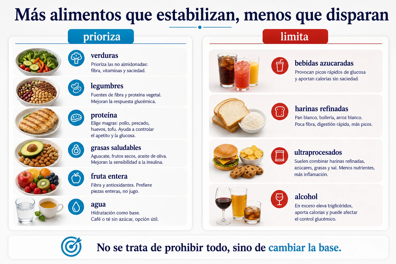Alimentos para prediabetes que conviene priorizar y alimentos que conviene limitar por su efecto sobre la glucosa