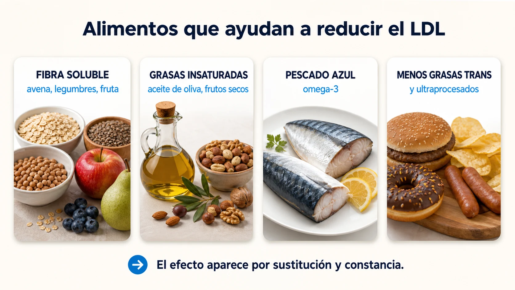 Alimentos con fibra soluble grasas insaturadas y omega 3 para ayudar a reducir el colesterol LDL