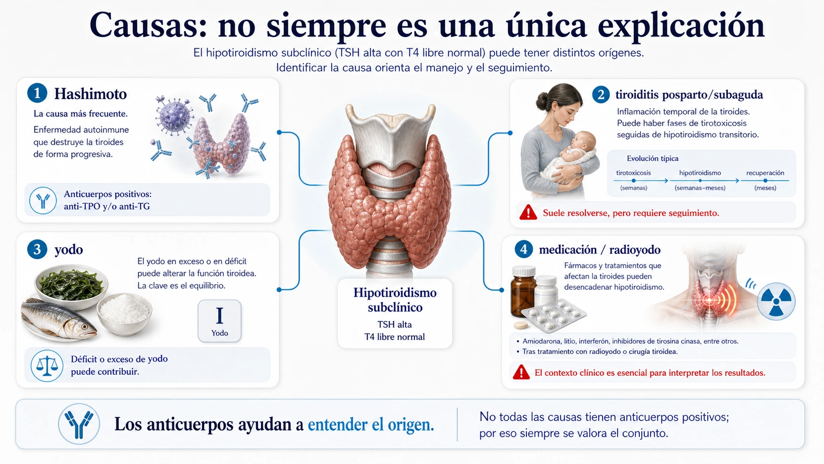 Causas del hipotiroidismo subclinico con Hashimoto tiroiditis posparto o subaguda yodo medicacion y radioyodo