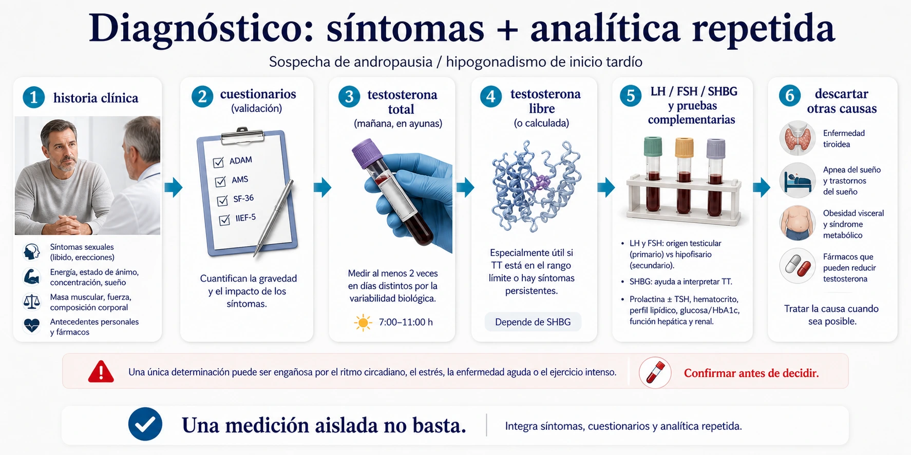 Ruta diagnostica de la andropausia con sintomas cuestionarios testosterona total testosterona libre SHBG LH FSH y descarte de otras causas