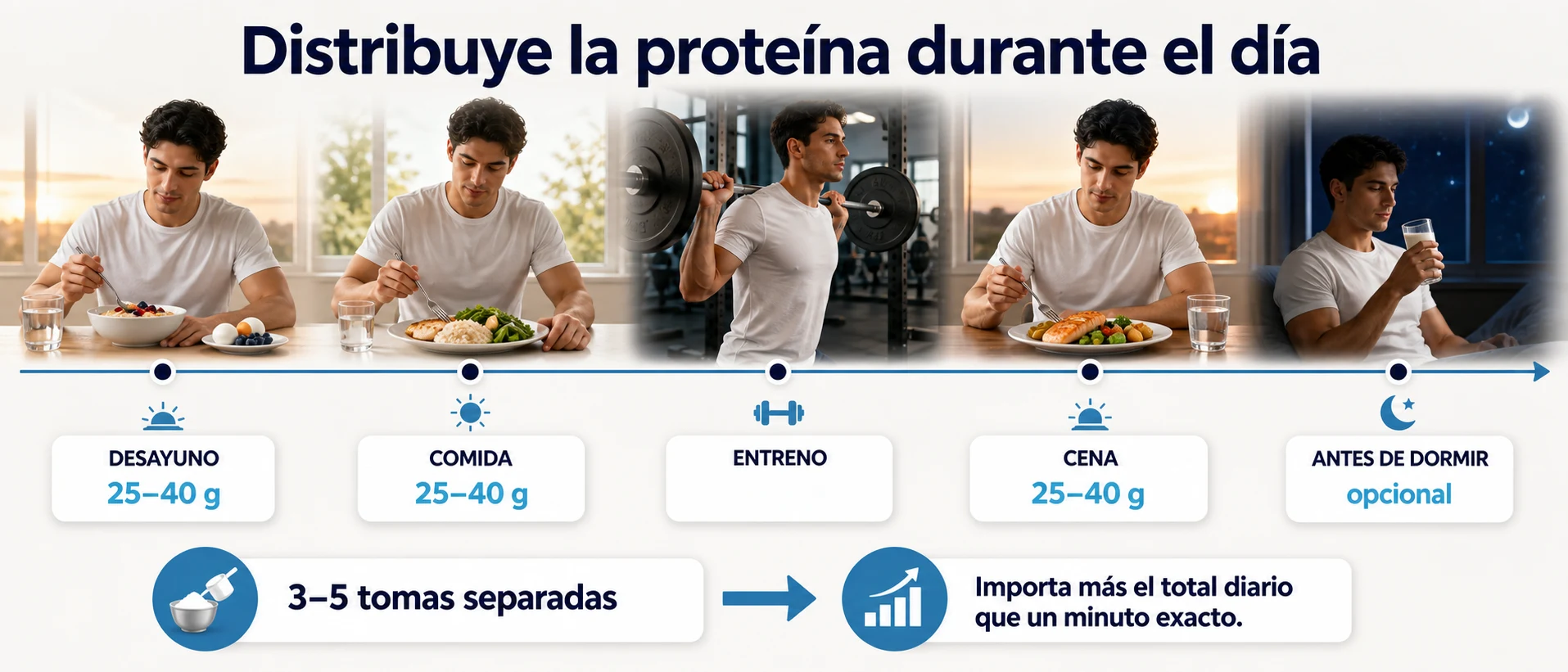 Distribución de proteína durante el día en varias comidas alrededor del entrenamiento