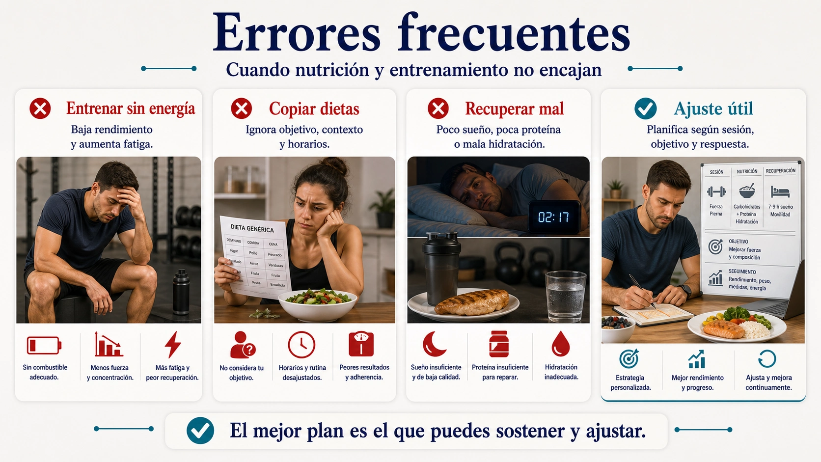 Infografía de errores frecuentes al combinar nutrición y entrenamiento con falta de energía copiar dietas recuperar mal y ajuste útil