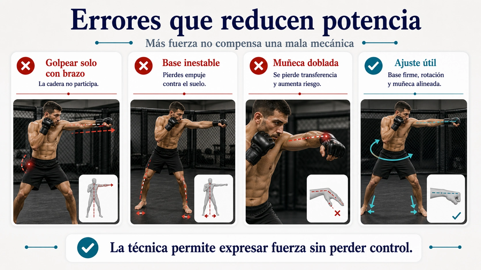 Infografía de errores que reducen potencia de golpeo en MMA con golpe solo de brazo base inestable muñeca doblada y ajuste útil