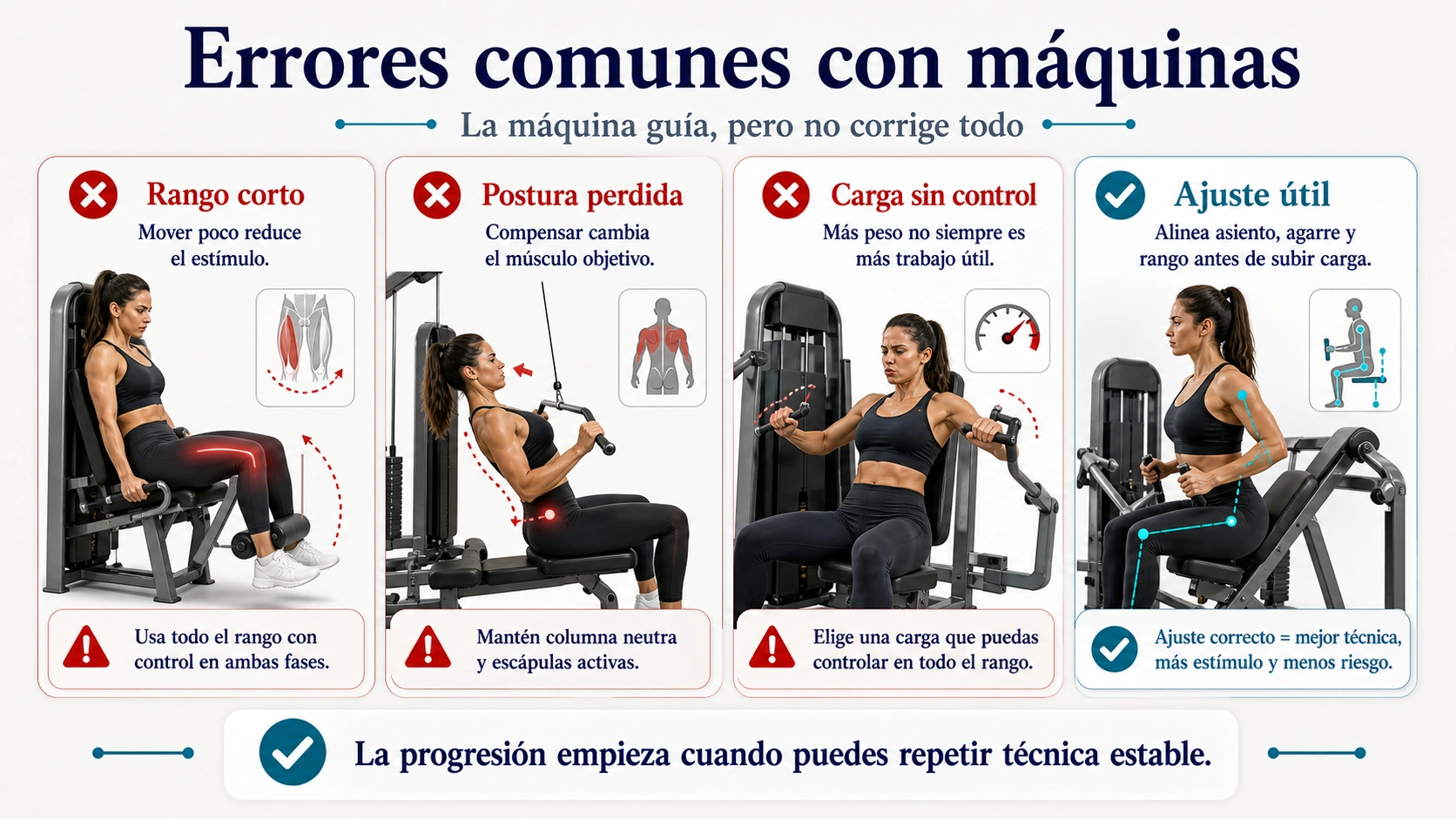 Infografía de errores en rutina con máquinas con rango corto postura perdida carga sin control y ajuste útil