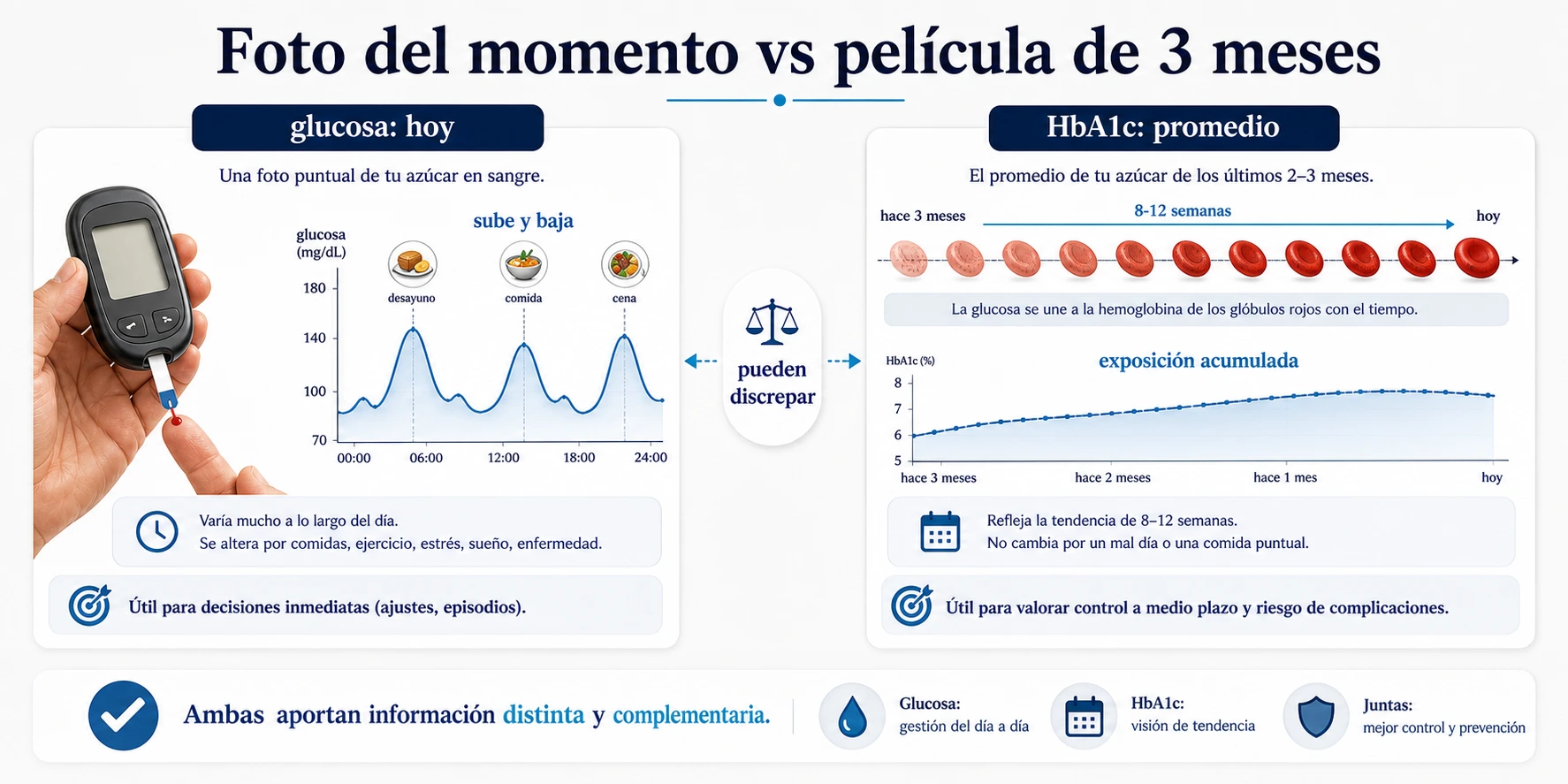 Comparativa entre glucosa puntual y HbA1c como foto del momento frente a promedio de tres meses