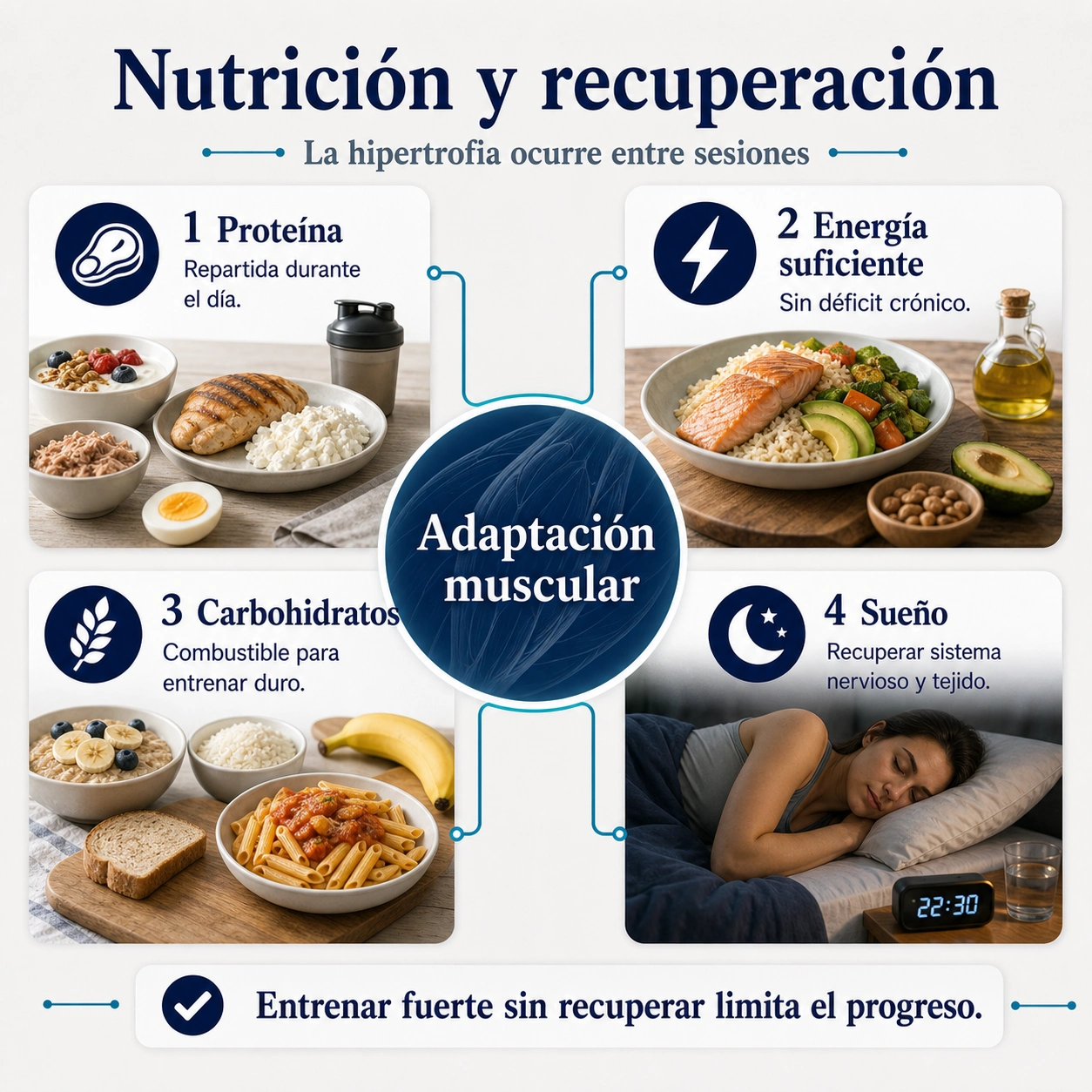 Mapa de nutrición y recuperación para hipertrofia con proteína energía suficiente carbohidratos y sueño