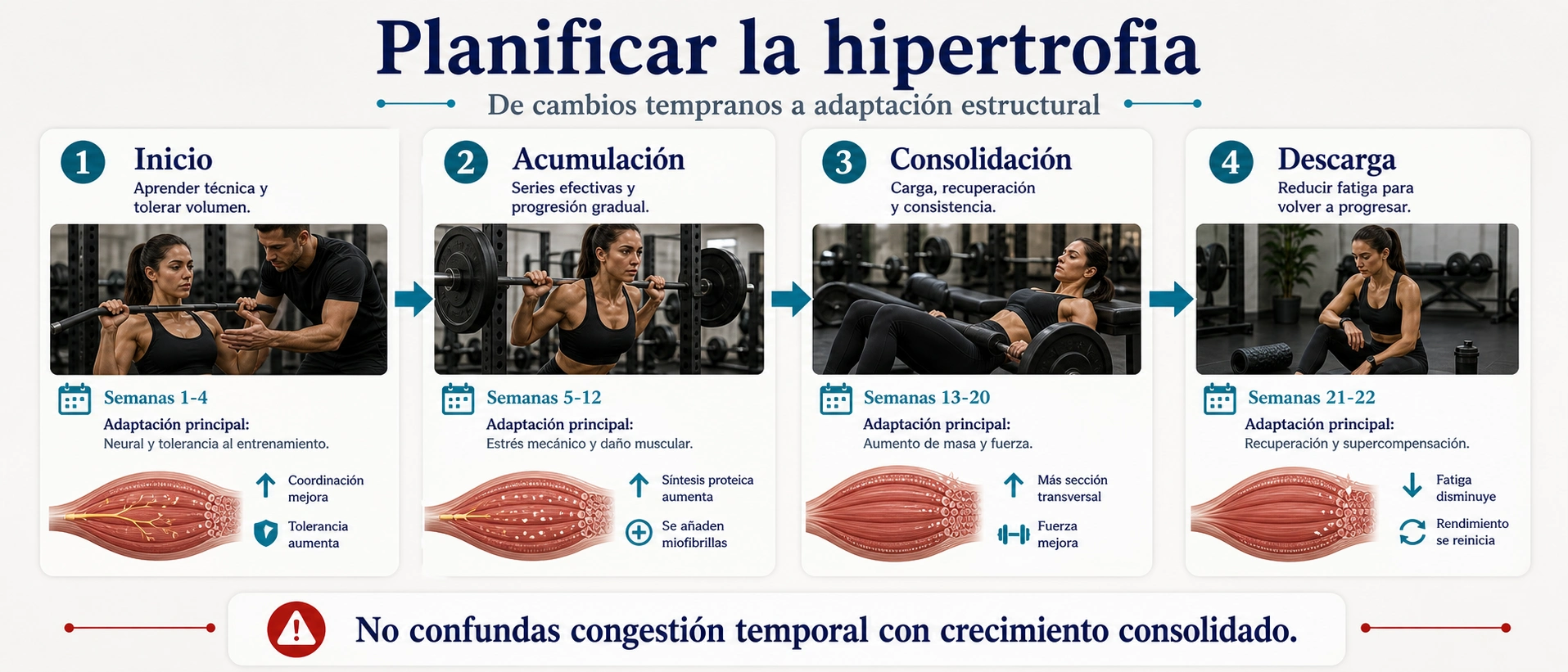 Línea temporal para planificar hipertrofia con inicio acumulación consolidación y descarga