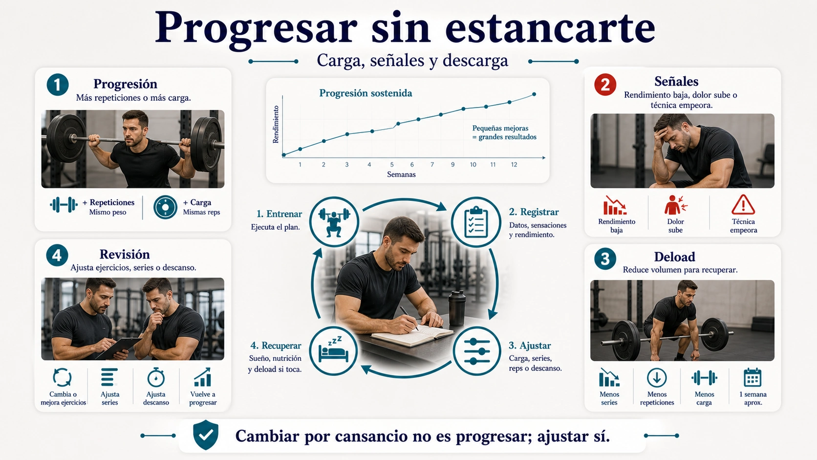 Infografía de progresión en rutina de gimnasio 3 días con carga señales de estancamiento deload y revisión
