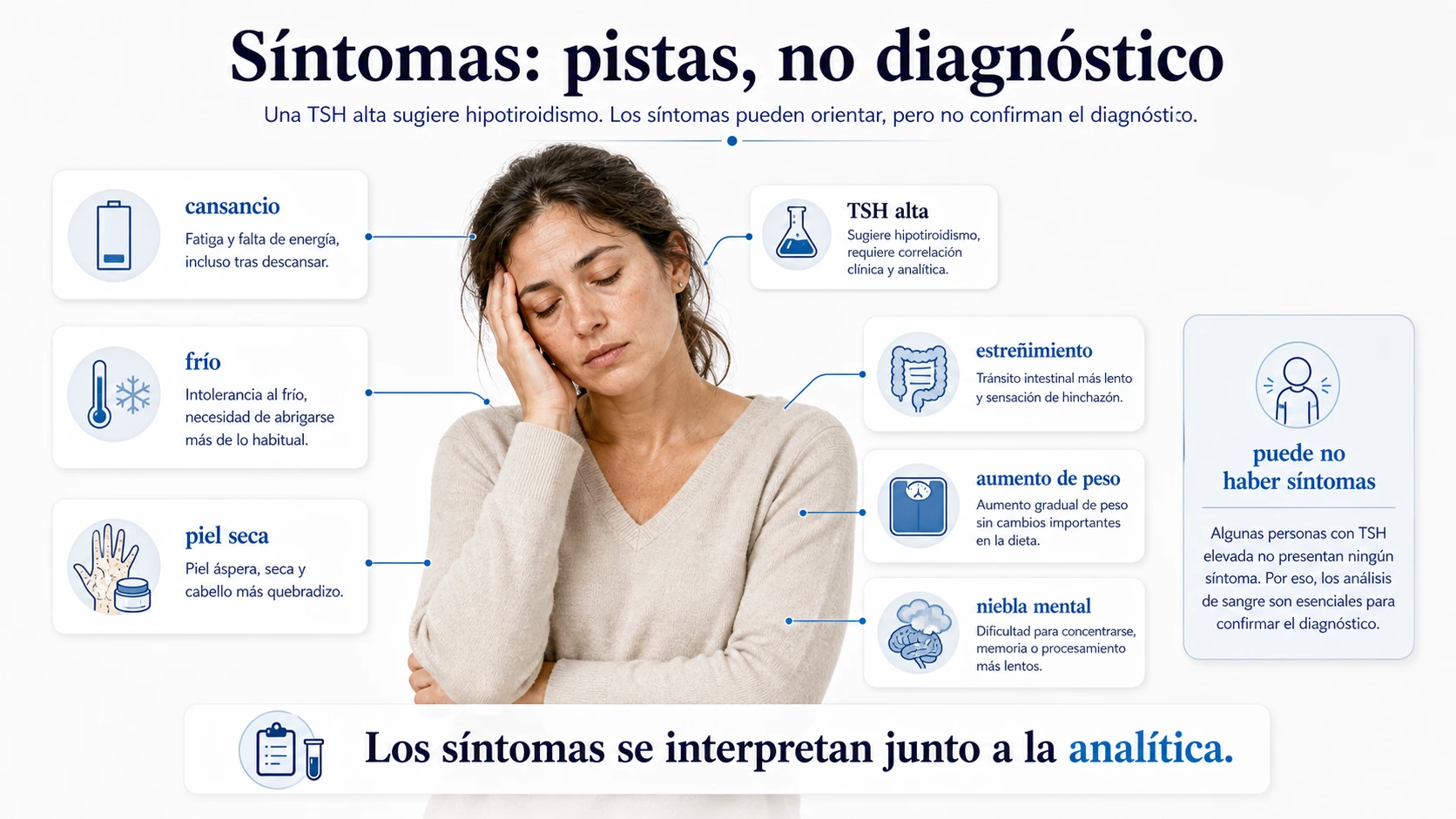Sintomas asociados a TSH alta como cansancio frio piel seca estreñimiento aumento de peso niebla mental y casos sin sintomas