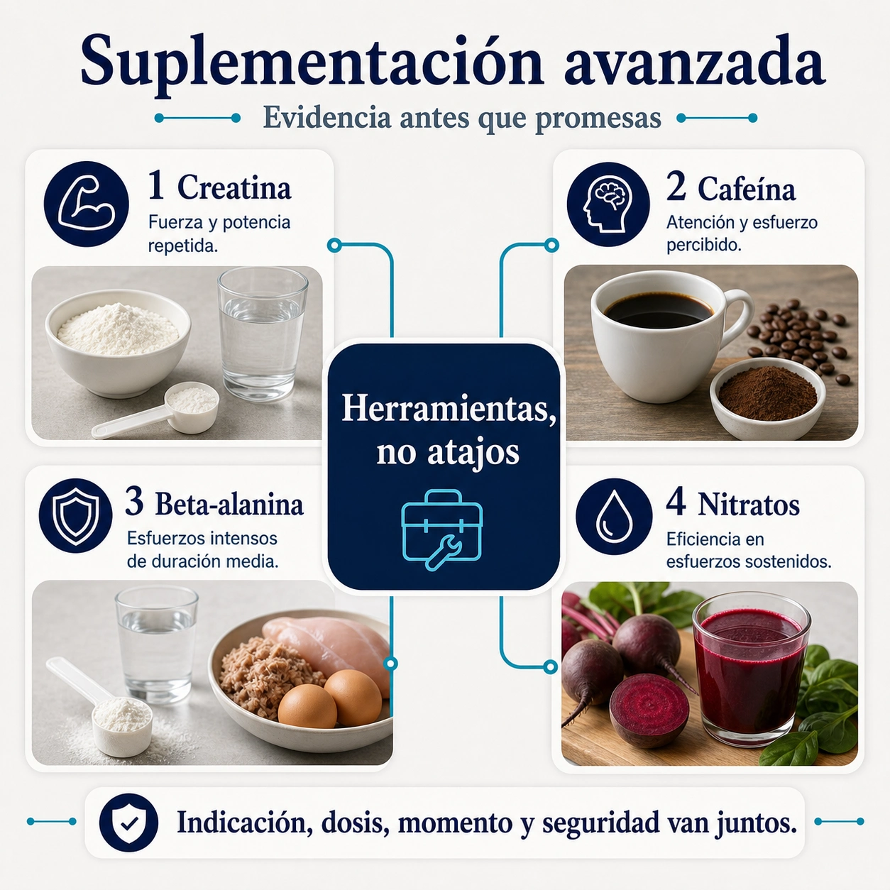 Mapa de suplementación avanzada con creatina cafeína beta alanina nitratos e indicación segura