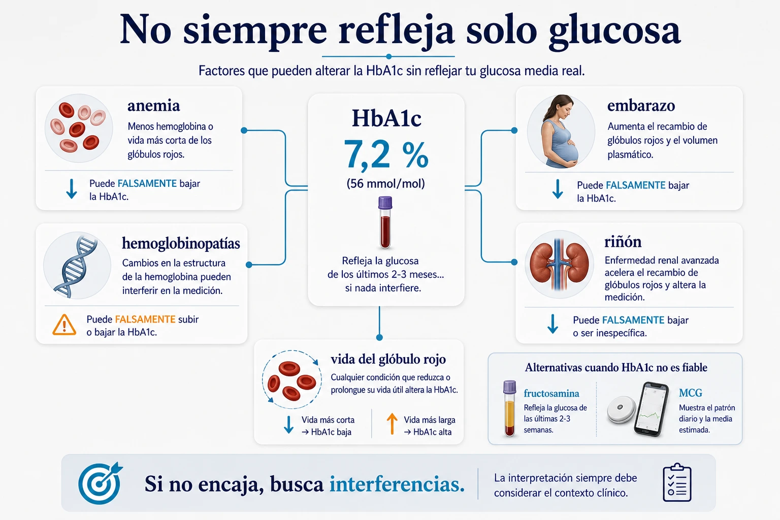 Factores que alteran la interpretacion de HbA1c como anemia hemoglobinopatias embarazo rinon y vida del globulo rojo