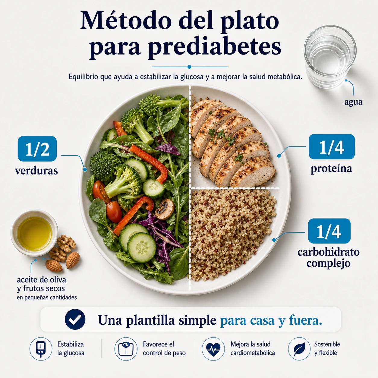 Metodo del plato para prediabetes con media parte verduras un cuarto proteina y un cuarto carbohidrato complejo