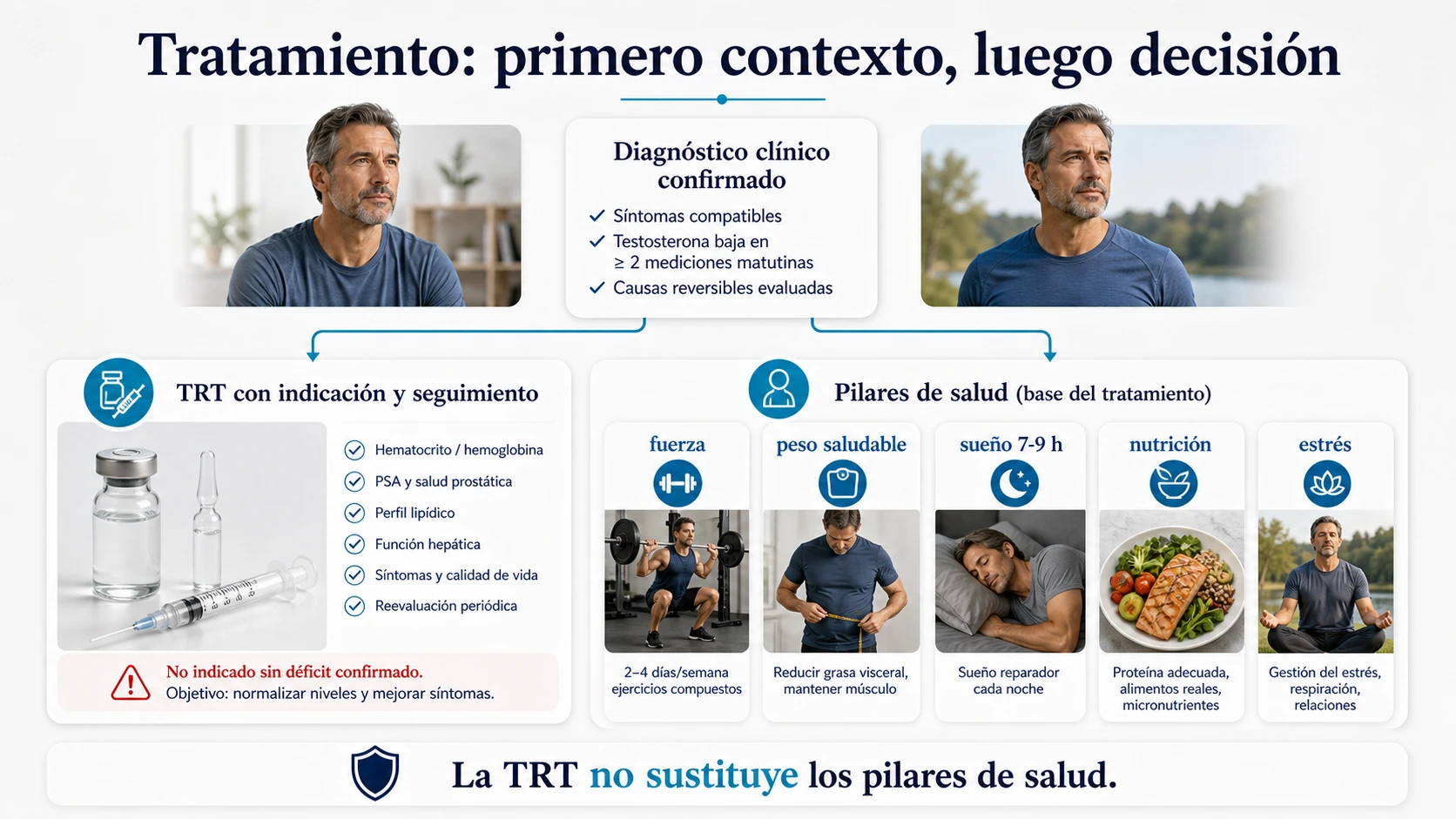 Tratamiento de la andropausia con TRT indicada y seguimiento junto a fuerza peso saludable sueno nutricion y gestion del estres