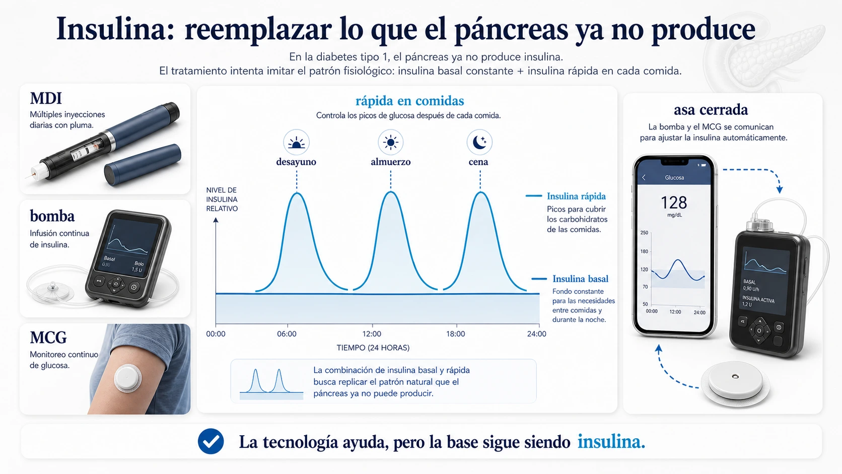 Tratamiento de diabetes tipo 1 con insulina basal rapida multiples dosis bomba monitorizacion continua y asa cerrada
