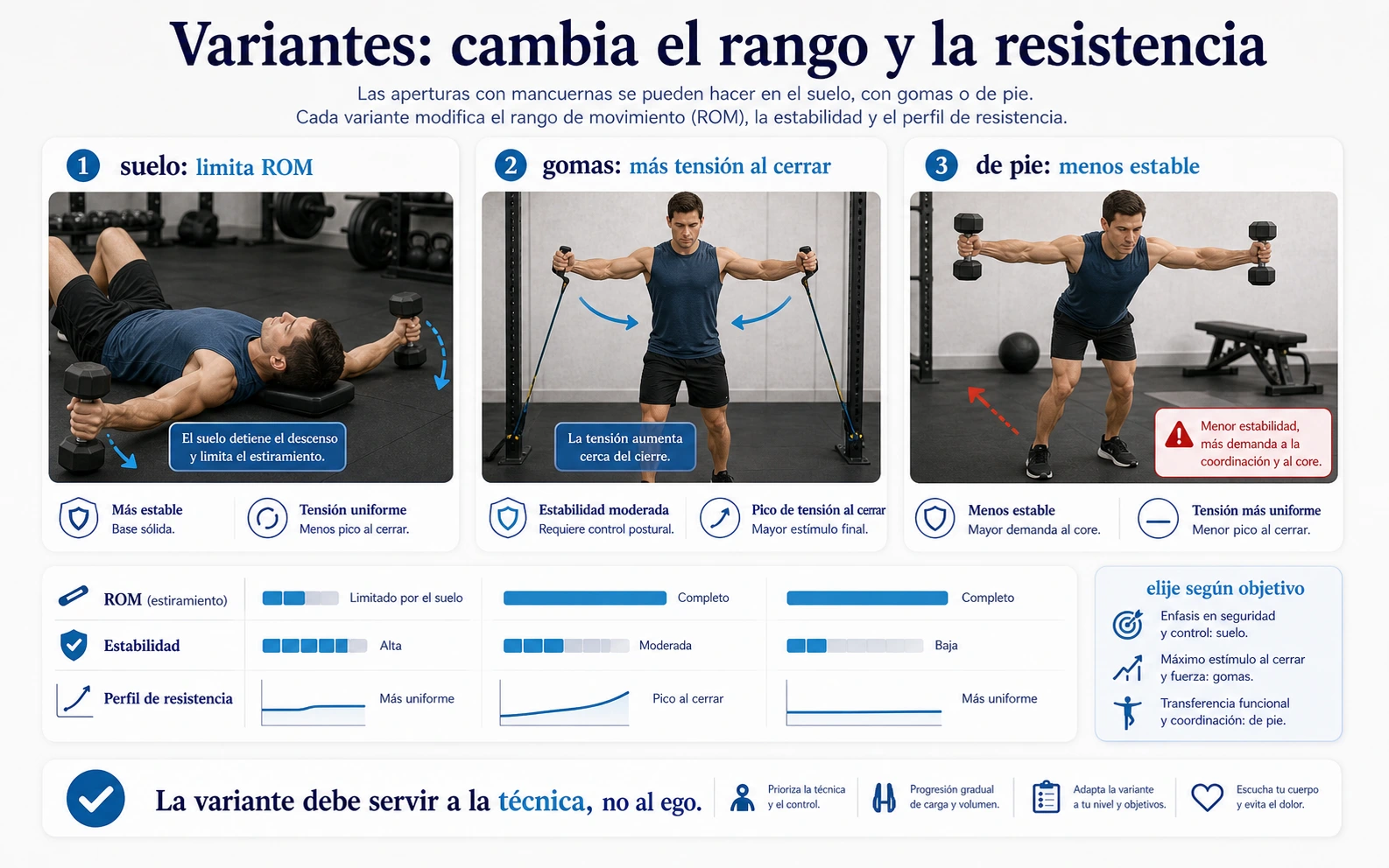 Variantes de aperturas de pecho con mancuernas en suelo con gomas y de pie comparando rango estabilidad y resistencia
