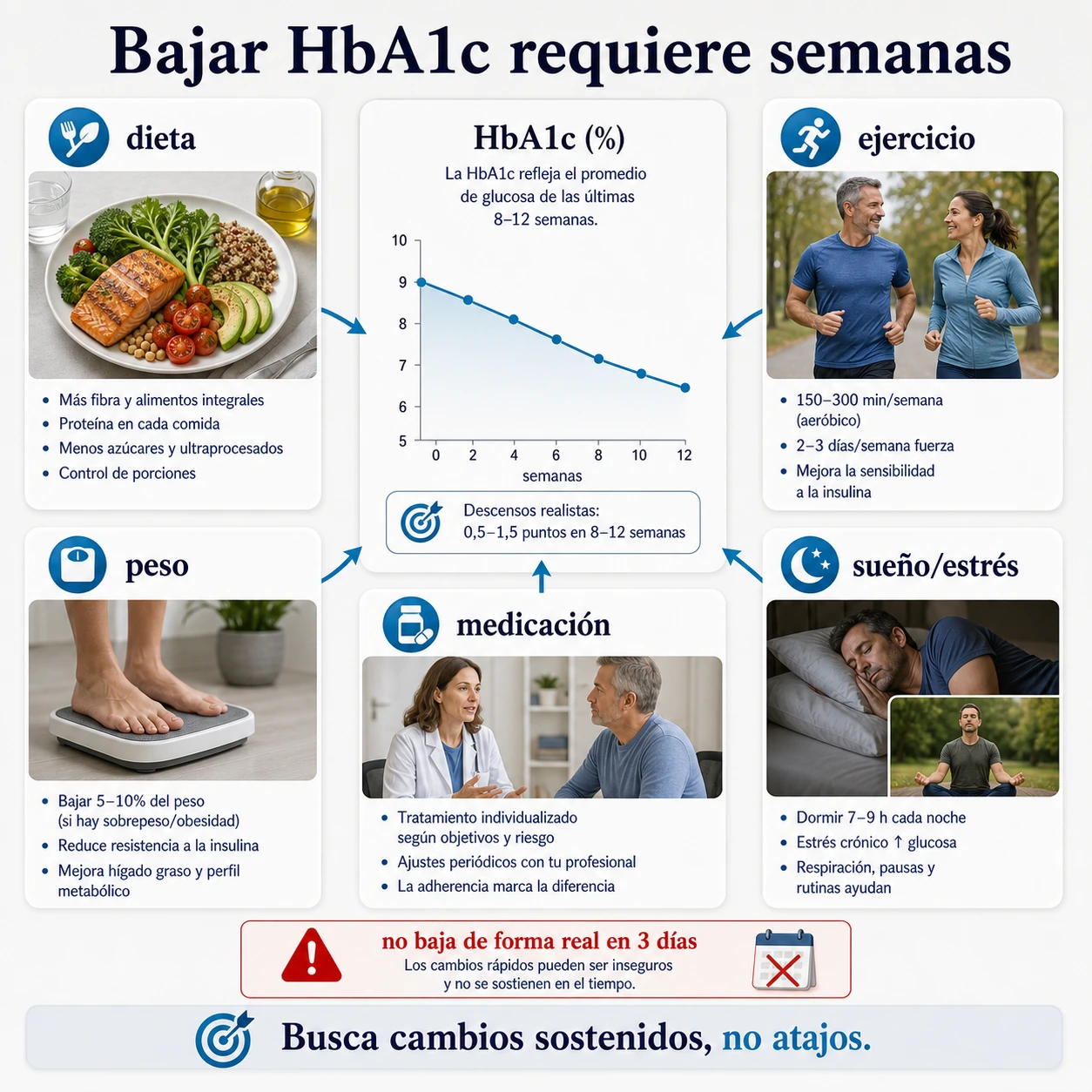 Estrategias para bajar HbA1c con dieta ejercicio peso medicacion sueno y estres durante semanas