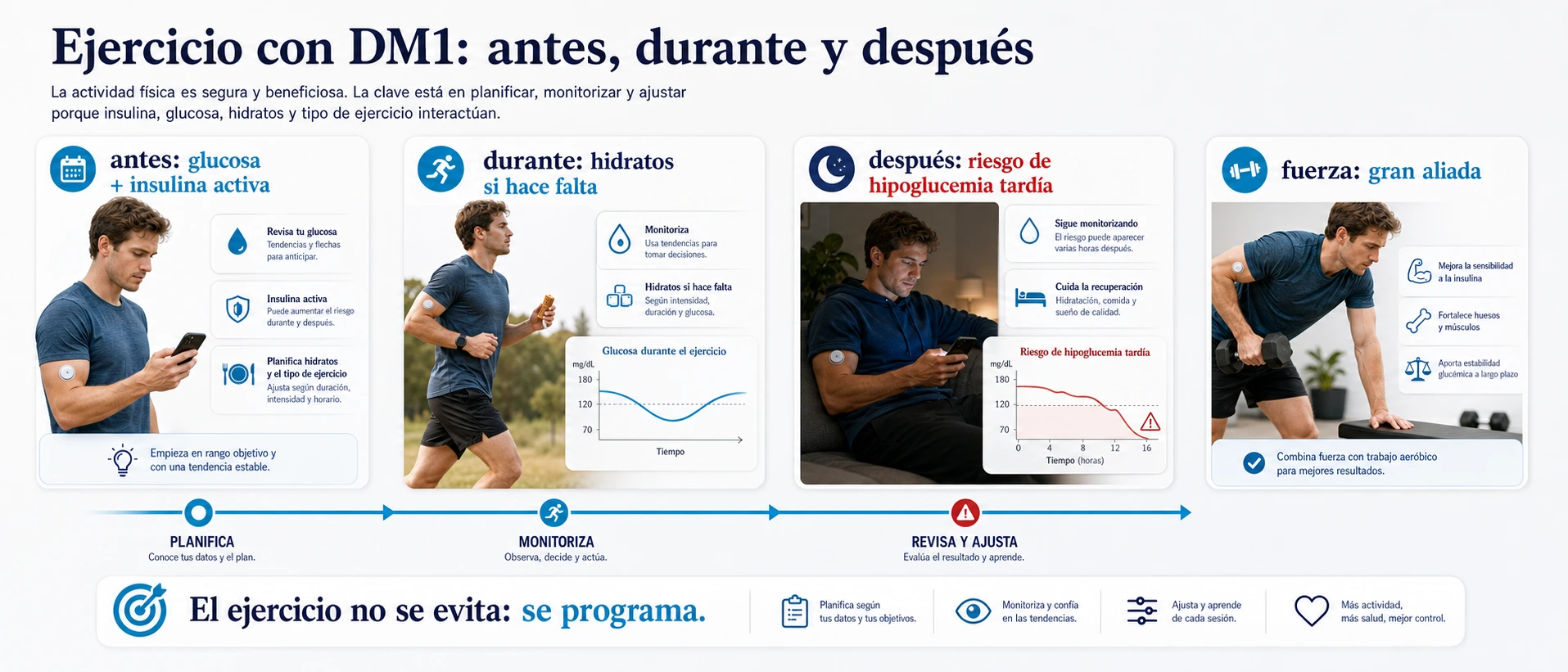 Ejercicio con diabetes tipo 1 planificando glucosa insulina activa hidratos monitorizacion y riesgo de hipoglucemia tardia