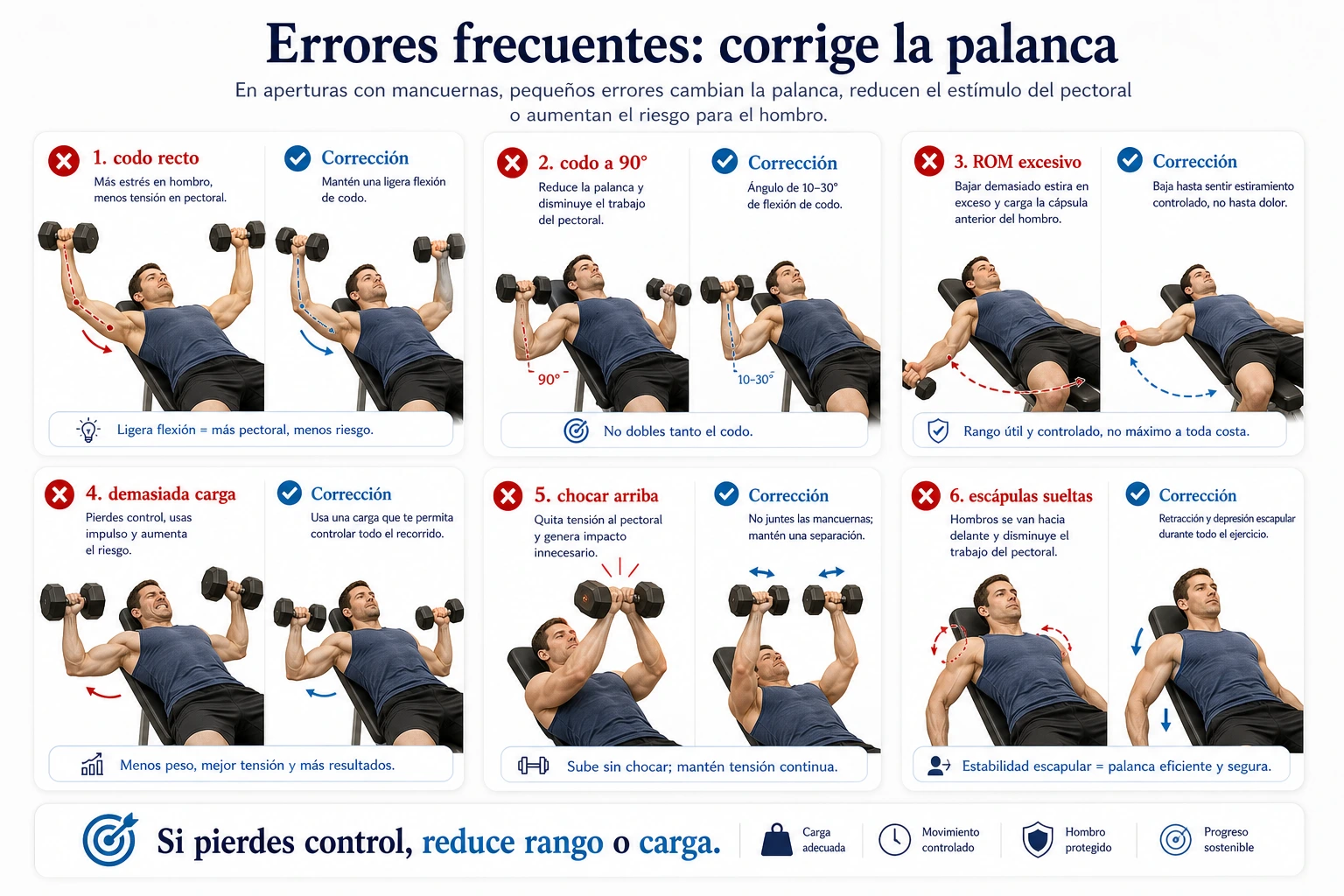Errores frecuentes en aperturas con mancuernas con codo recto codo a noventa grados ROM excesivo demasiada carga chocar arriba y escapulas sueltas