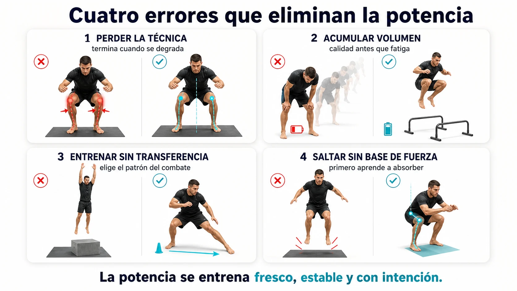 Errores al entrenar pliometría en MMA relacionados con técnica volumen transferencia y base de fuerza
