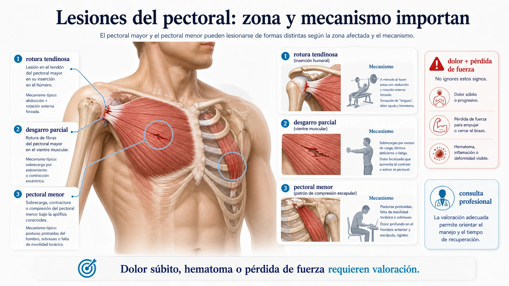 Lesiones frecuentes del pectoral con rotura tendinosa desgarro parcial pectoral menor dolor y perdida de fuerza