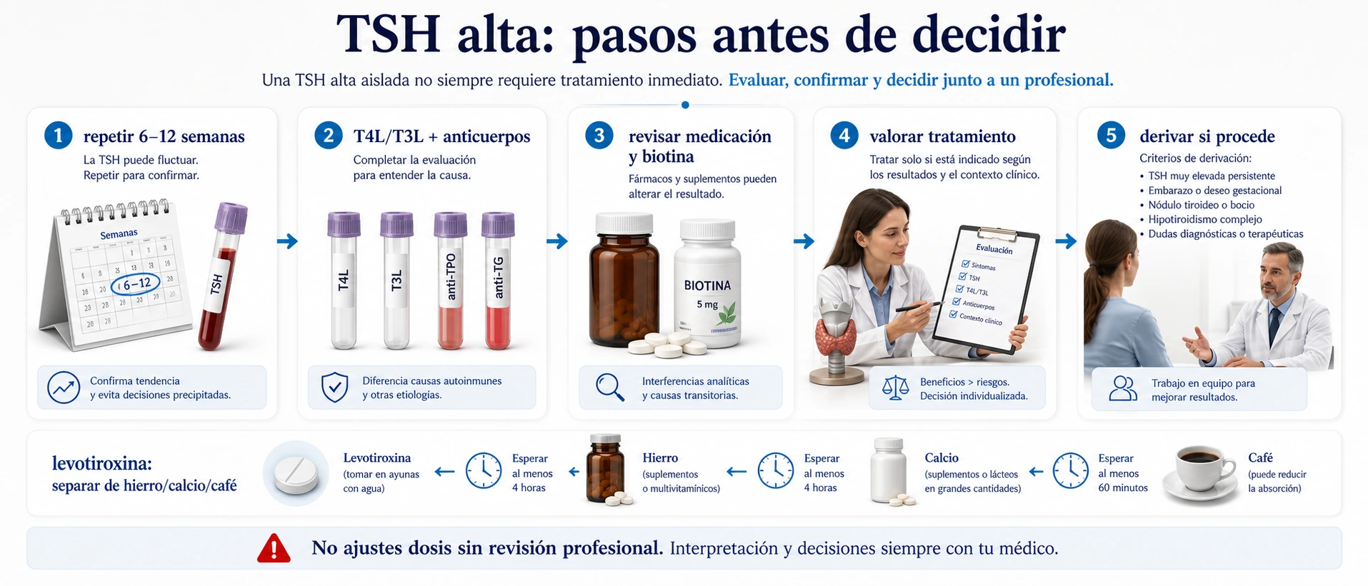 Pasos ante TSH alta repetir analitica completar T4 T3 anticuerpos revisar medicacion biotina tratamiento derivacion y levotiroxina