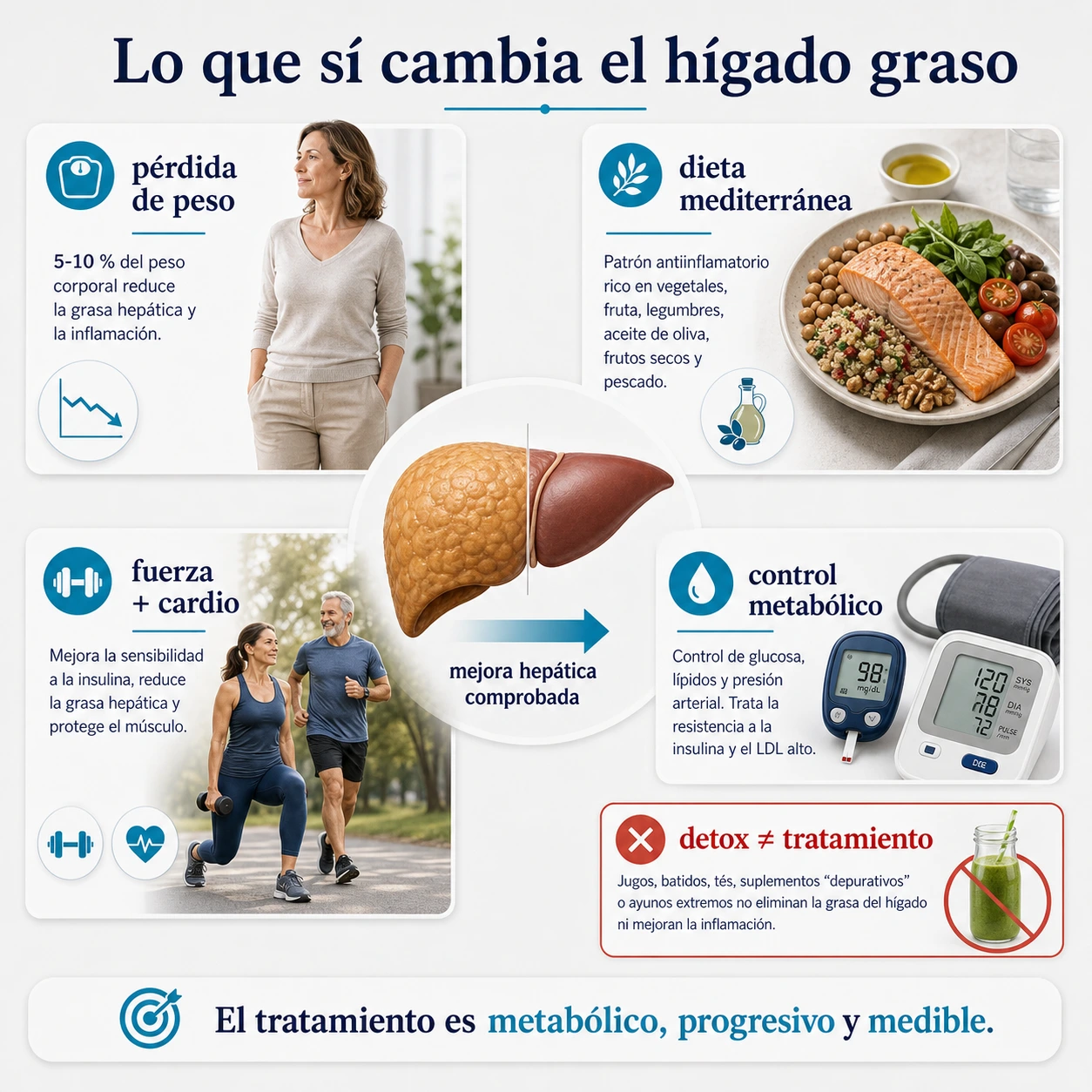 Prioridades de tratamiento del higado graso con perdida de peso dieta mediterranea ejercicio control metabolico y rechazo del detox