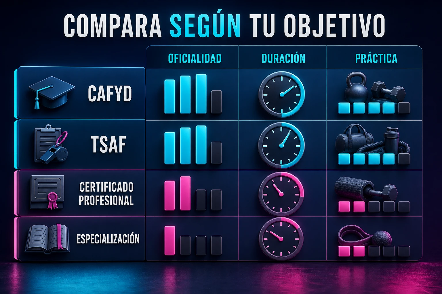 Comparación de formaciones de entrenador personal por oficialidad, duración y práctica
