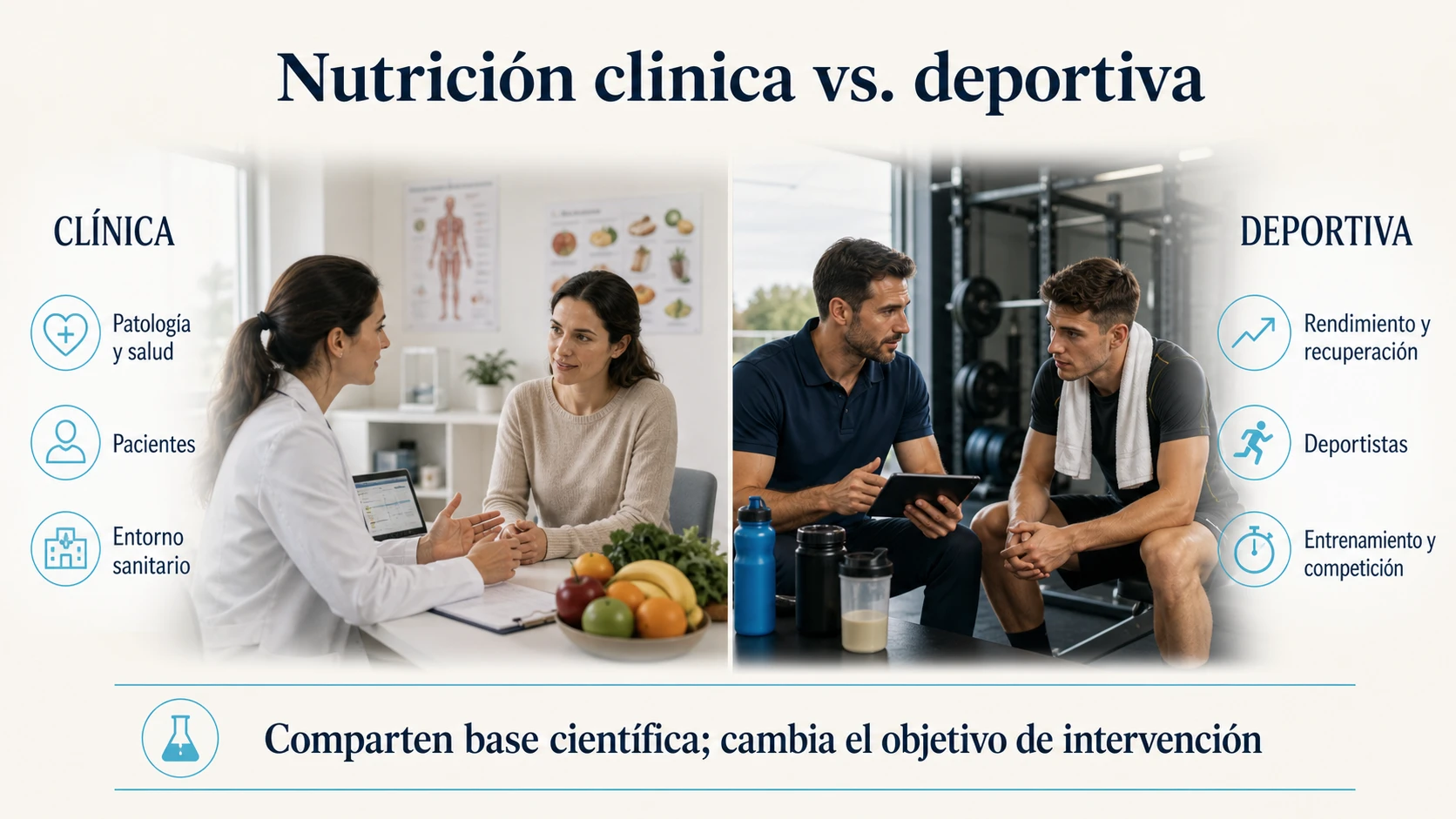 Diferencias entre nutrición clínica y nutrición deportiva por población, objetivo y entorno