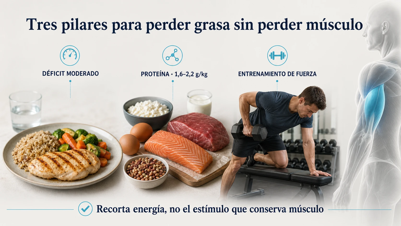 Déficit moderado, proteína suficiente y entrenamiento de fuerza para perder grasa sin perder músculo