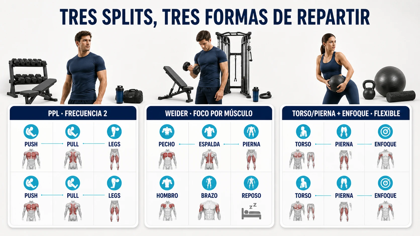 Comparación de PPL, Weider y torso pierna con día de enfoque