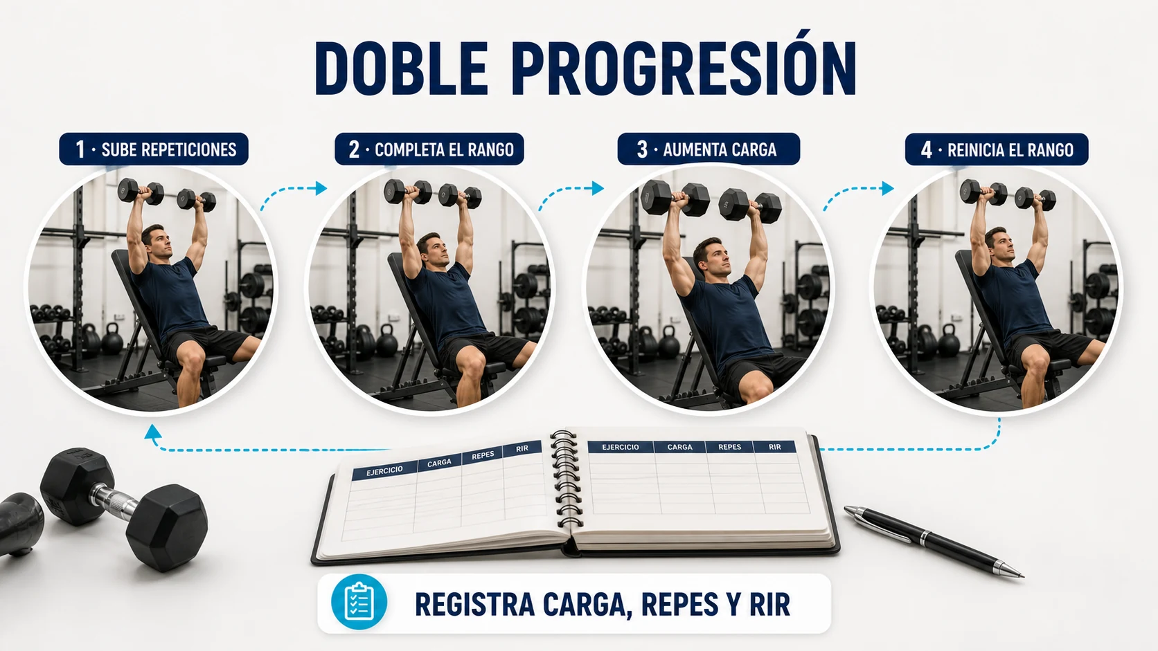 Proceso de doble progresión aumentando repeticiones y después la carga