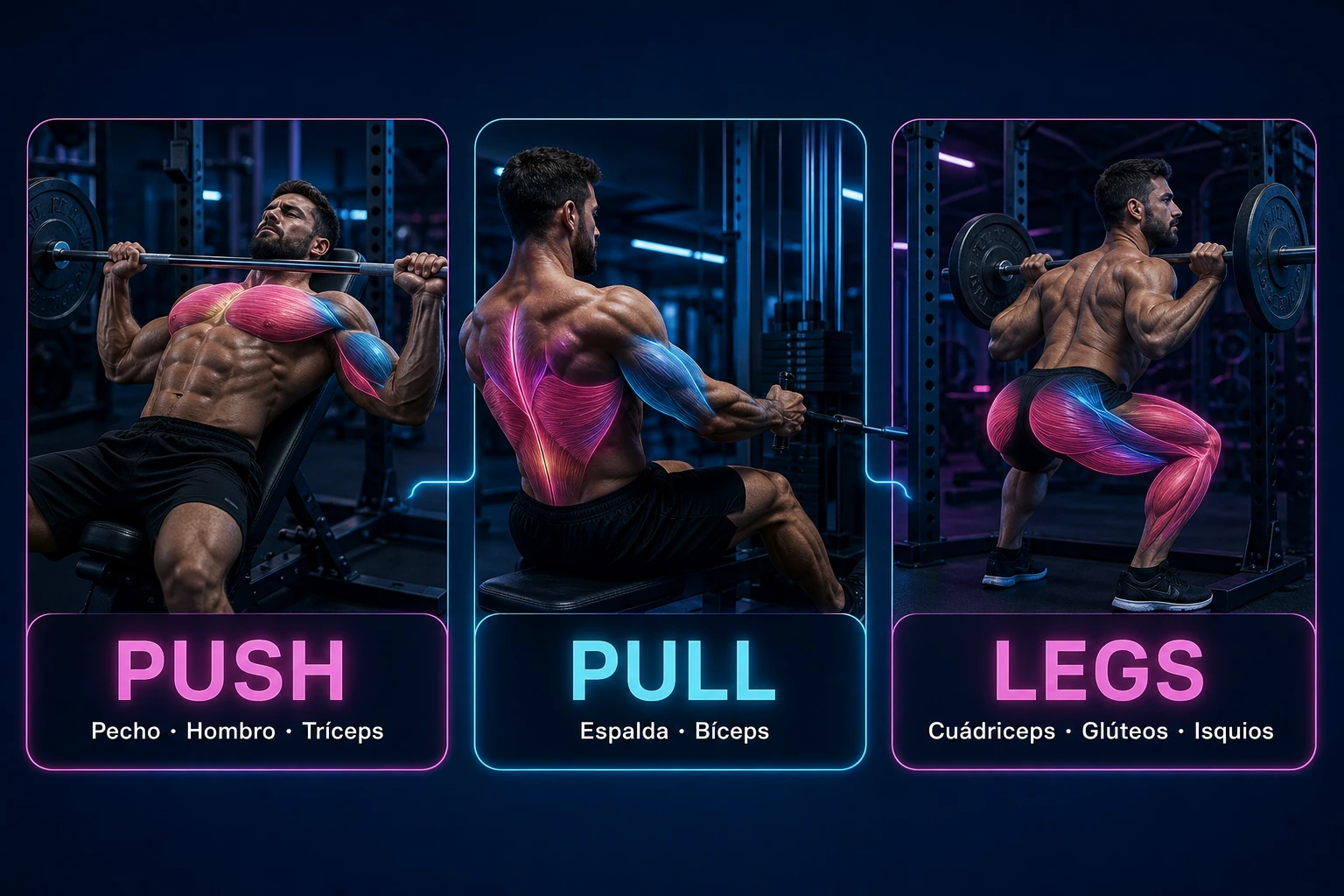 División Push Pull Legs con músculos trabajados en cada tipo de sesión