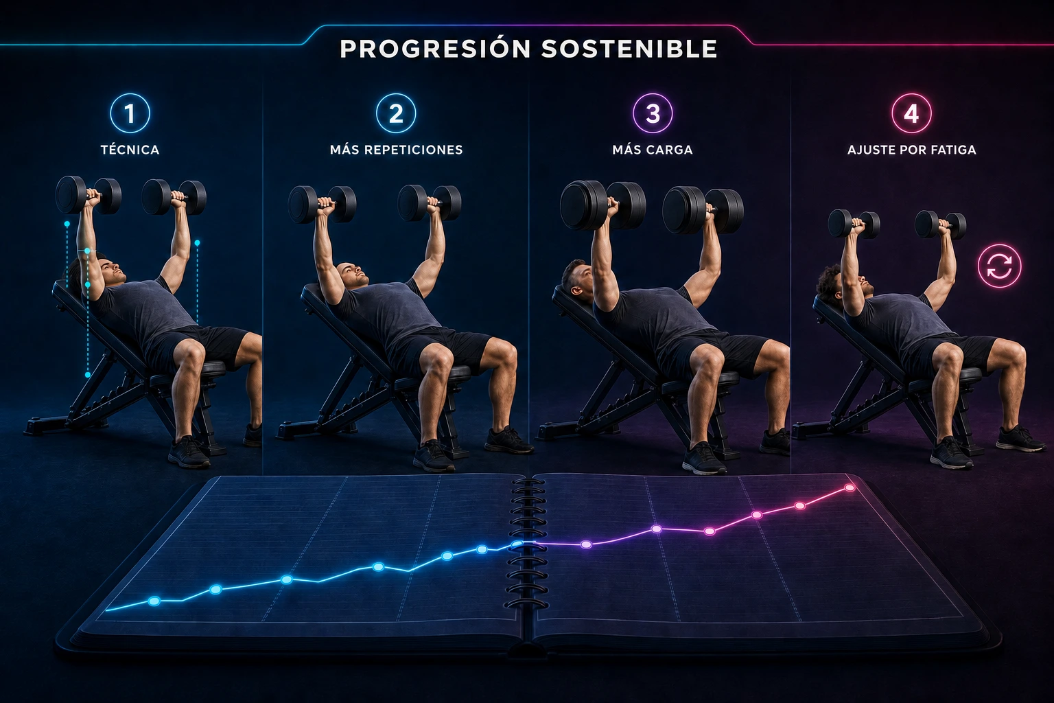 Progresión sostenible de técnica, repeticiones y carga para hipertrofia