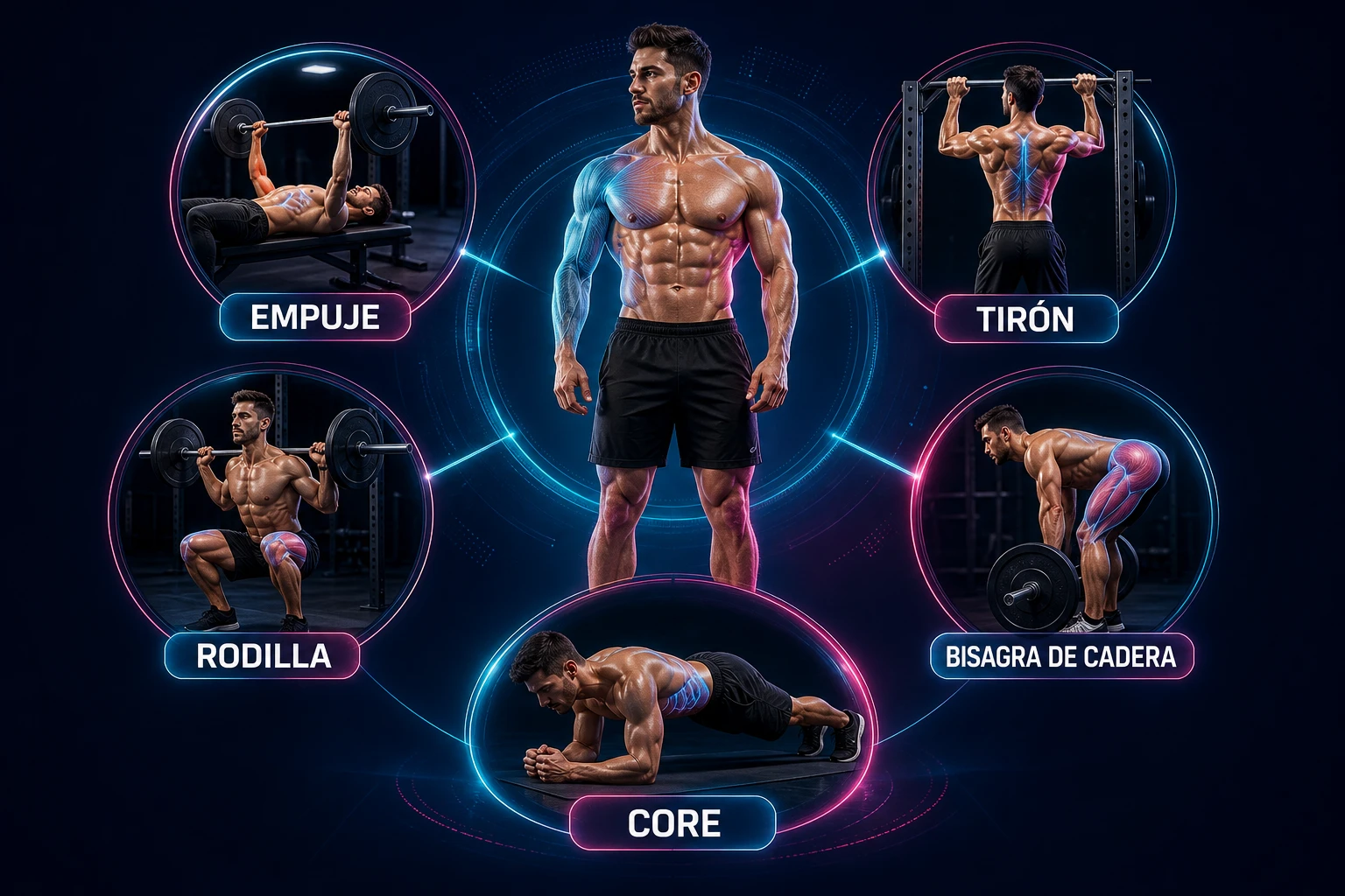 Patrones de empuje, tirón, rodilla, bisagra de cadera y core en una rutina Full Body